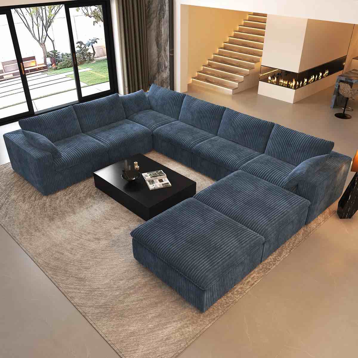 U-Shaped Modular Corner Sectional 8-Piece Plush Corduroy Sofa,157.5"W Cloud Couch with 2 Ottoman,No Assembly Required Boneless Couch, Corner Only