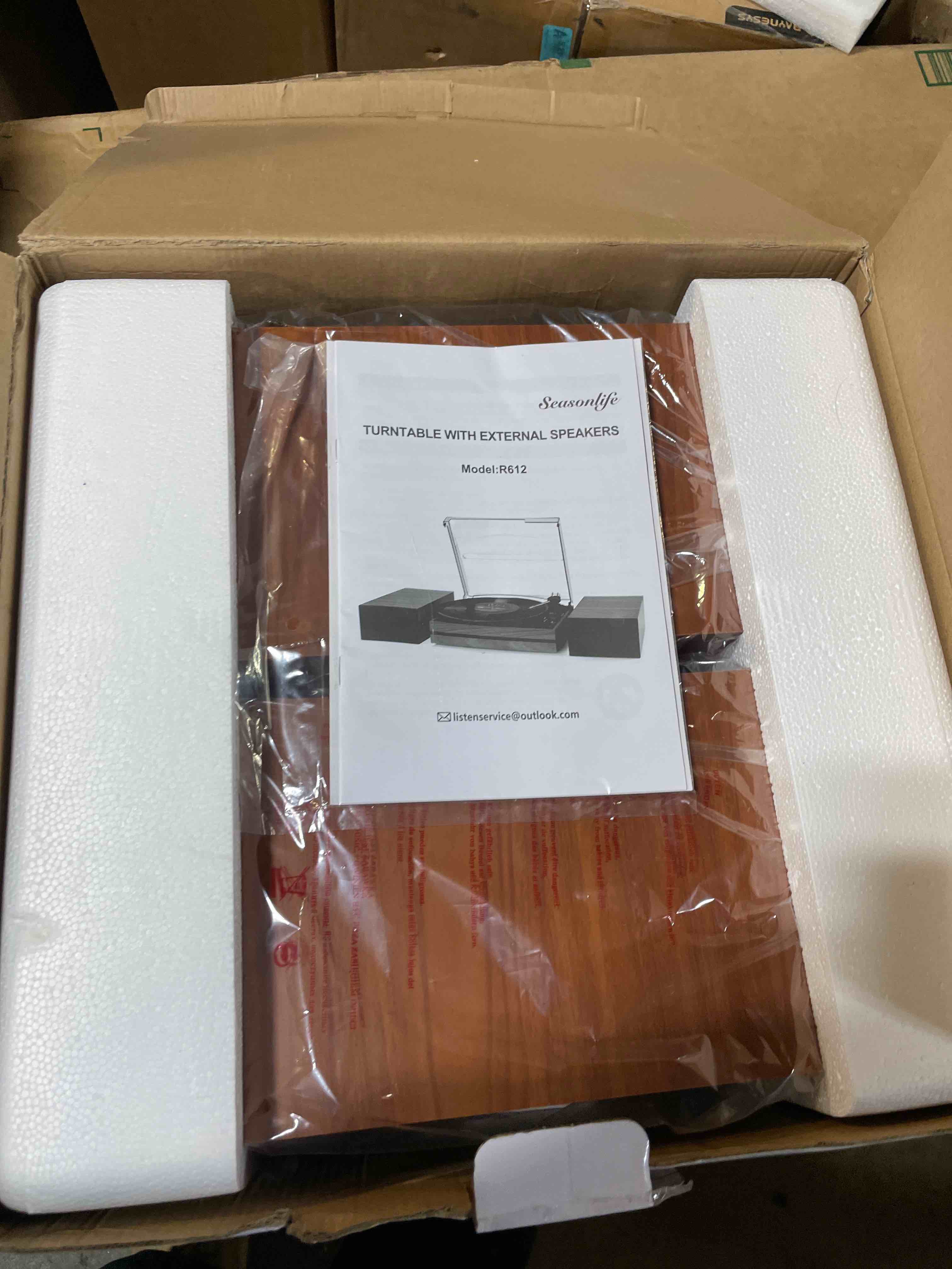 Condition photo showing New/Like New for Vintage Record Player with External Speakers Belt-Drive Turntable for Vinyl Records Dual Stereo Speakers LP Players Support 3 Speed 3 Size Wireless Playback AUX Headphone Input Auto Stop Wood Red Bark Red Come with External Speakers