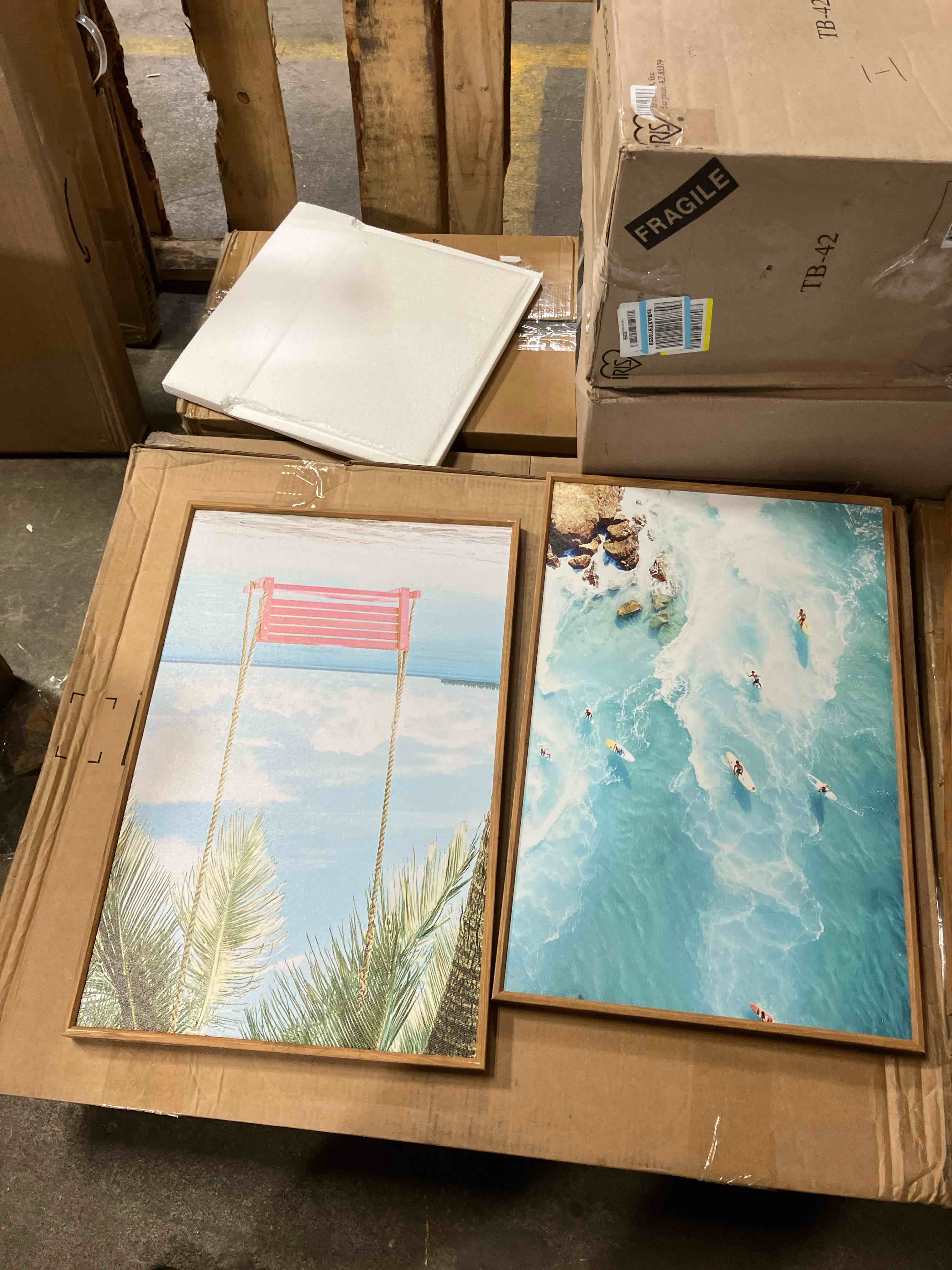 Condition photo showing New/Like New for DRACIT Large Summer Beach Surfing Scene Framed Canvas Wall Art Set,Coastal Pink Van and Surfboards Wall Decor,Trendy Beach Swing Palm trees Artwork for Living Room,Bedroom-16 x24 x3