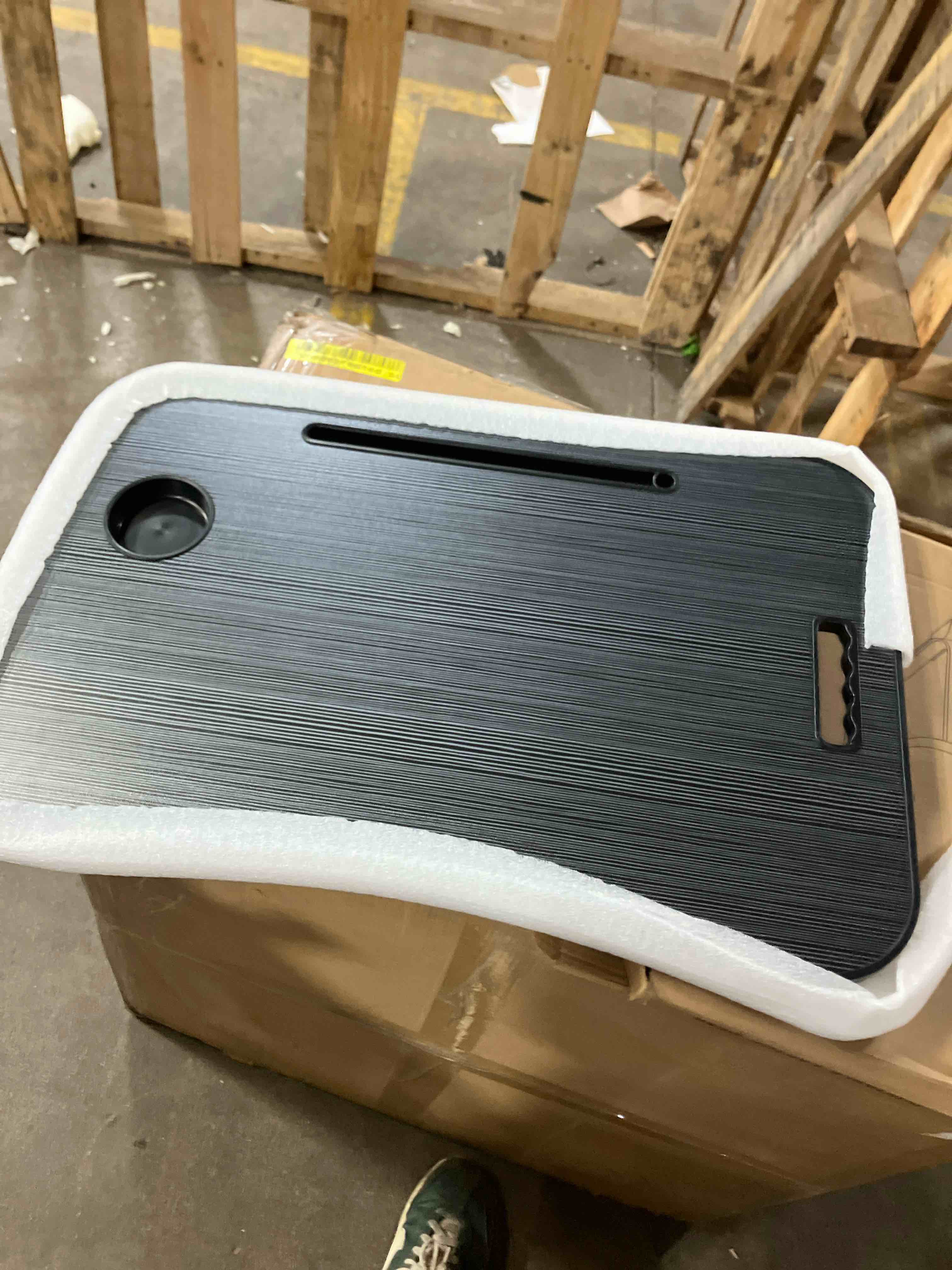 Condition photo showing New/Like New for Foldable Lap Desk, Laptop Bed Desk, Portable Lap Table, Laptop Bed Table with Cup Holder & Tablet Slot & Lifting Handle for Working Writing Drawing & Eating - Black Wood