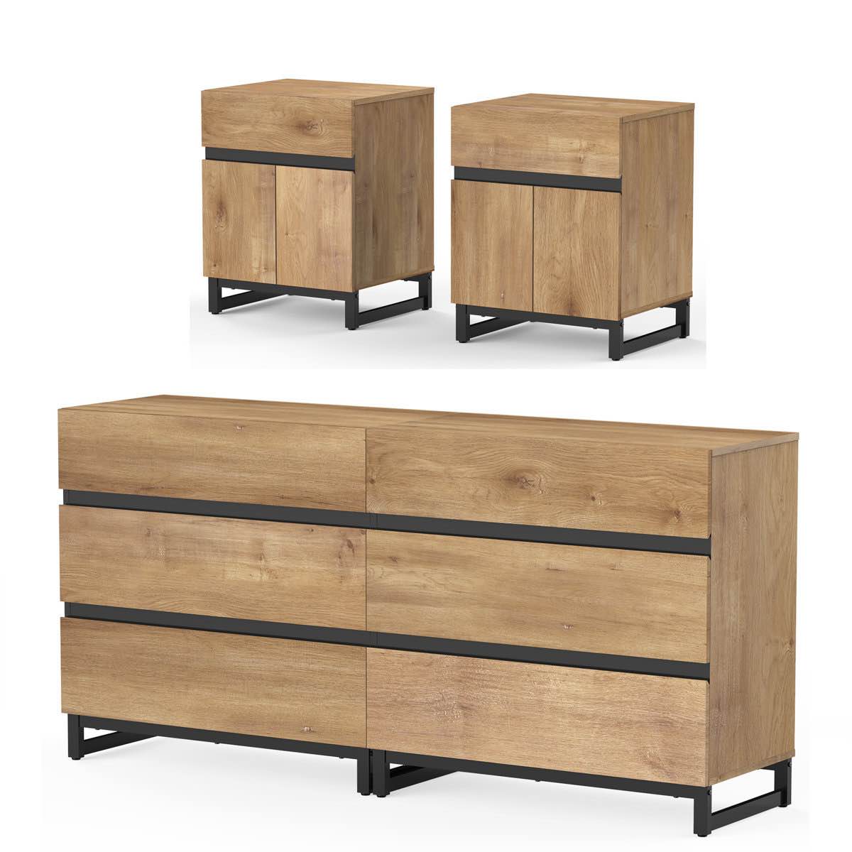 Aadam Dresser And Nightstand Set Of 3, 63 Inches Dresser With 6 Drawers, 2 Nightstand With Drawer And Cabinet For Bedroom, Bedroom Furniture Set, (Set of 3)