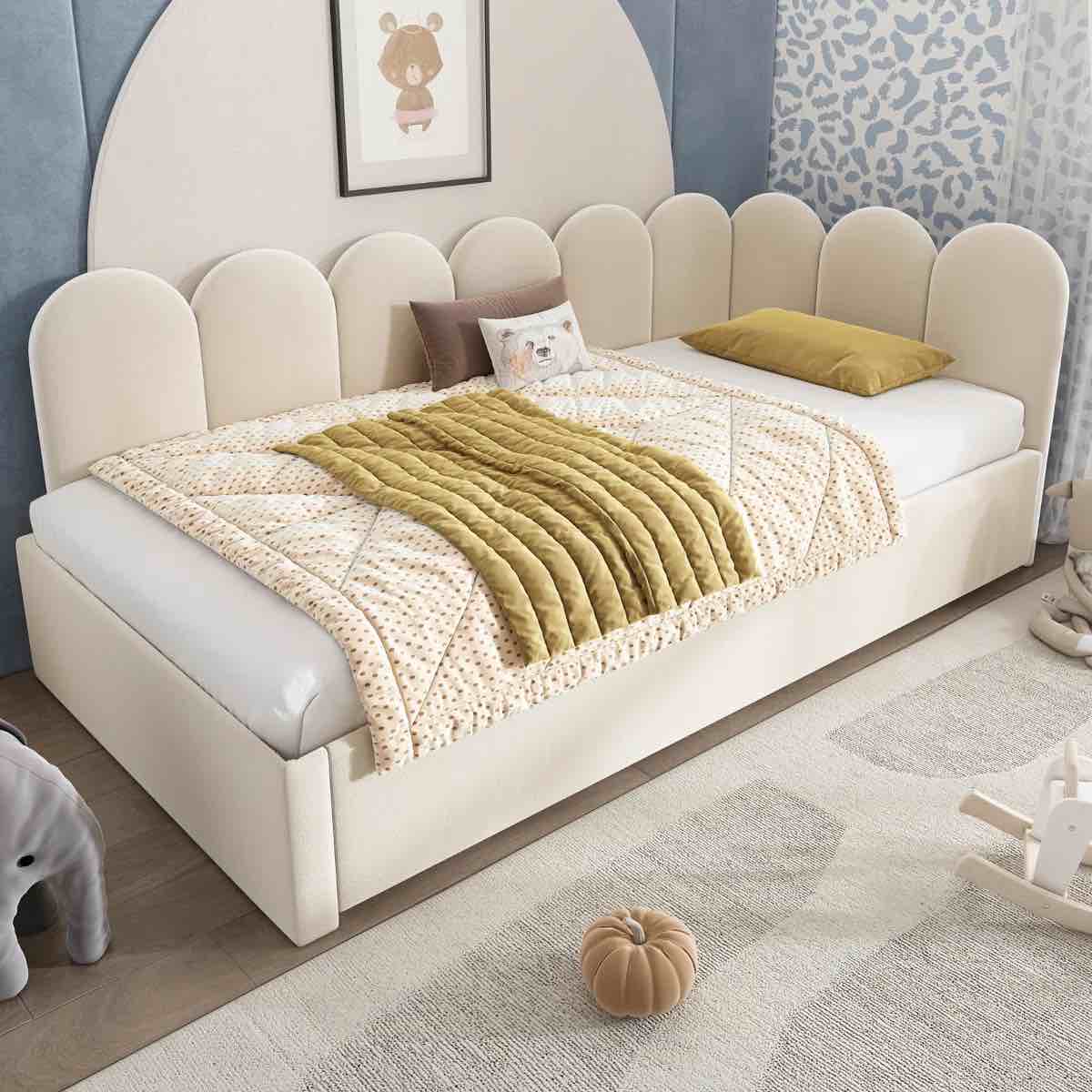 Upholstered Bed Daybed With Pull-Out Bed - Twin Size Single Sofa Bed For Guests - Space-Saving Design With Metal Slatted Frame, Beige By Latitude Run®- Head and Sideboard only*