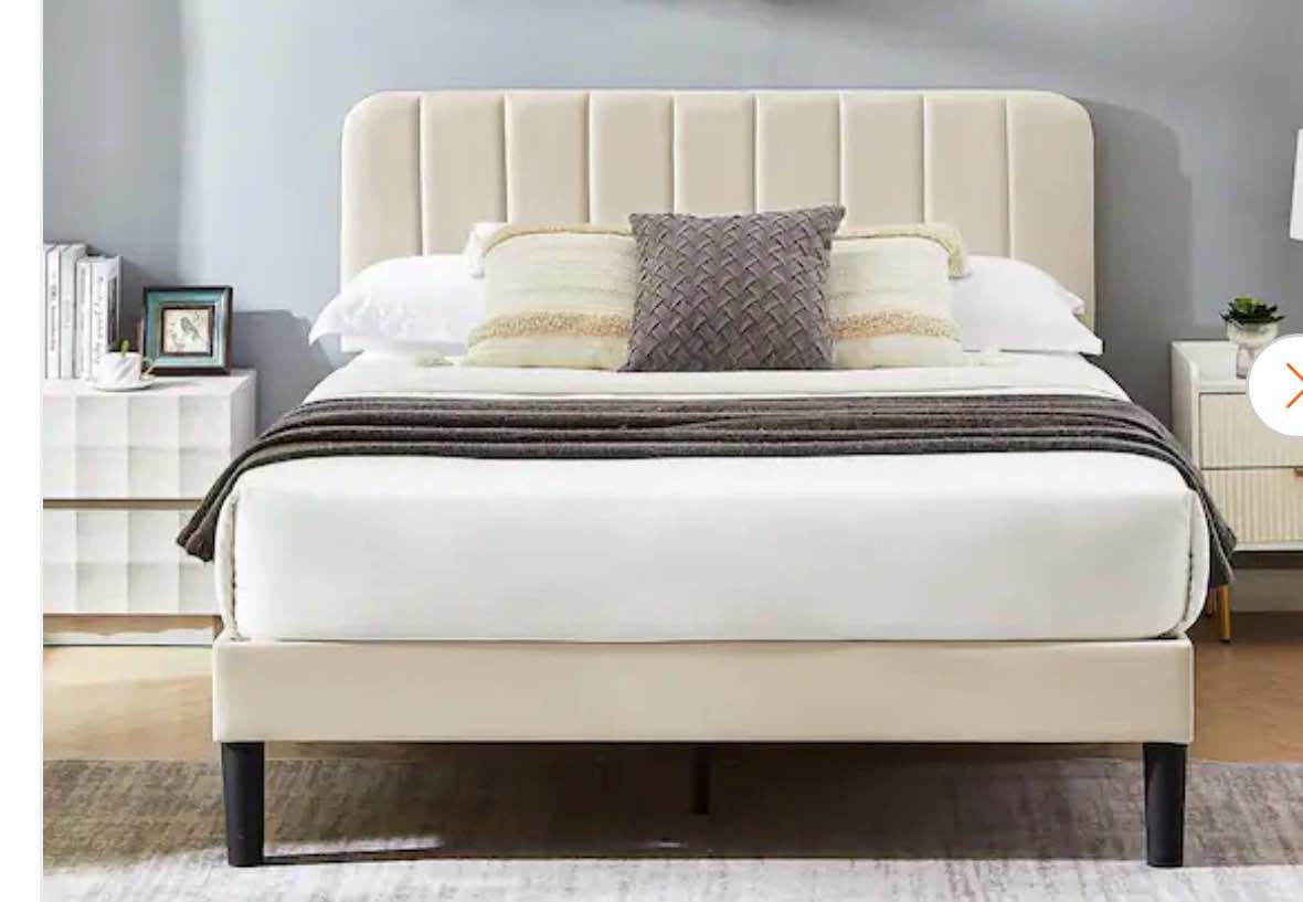 upholstered bed frame, queen platform bed frame with adjustable headboard, strong wooden slats support, beige