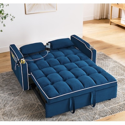 lovmor 55 inch versatile foldable sofa bed 3 lengths velvet usb port ashtray phone stand blue