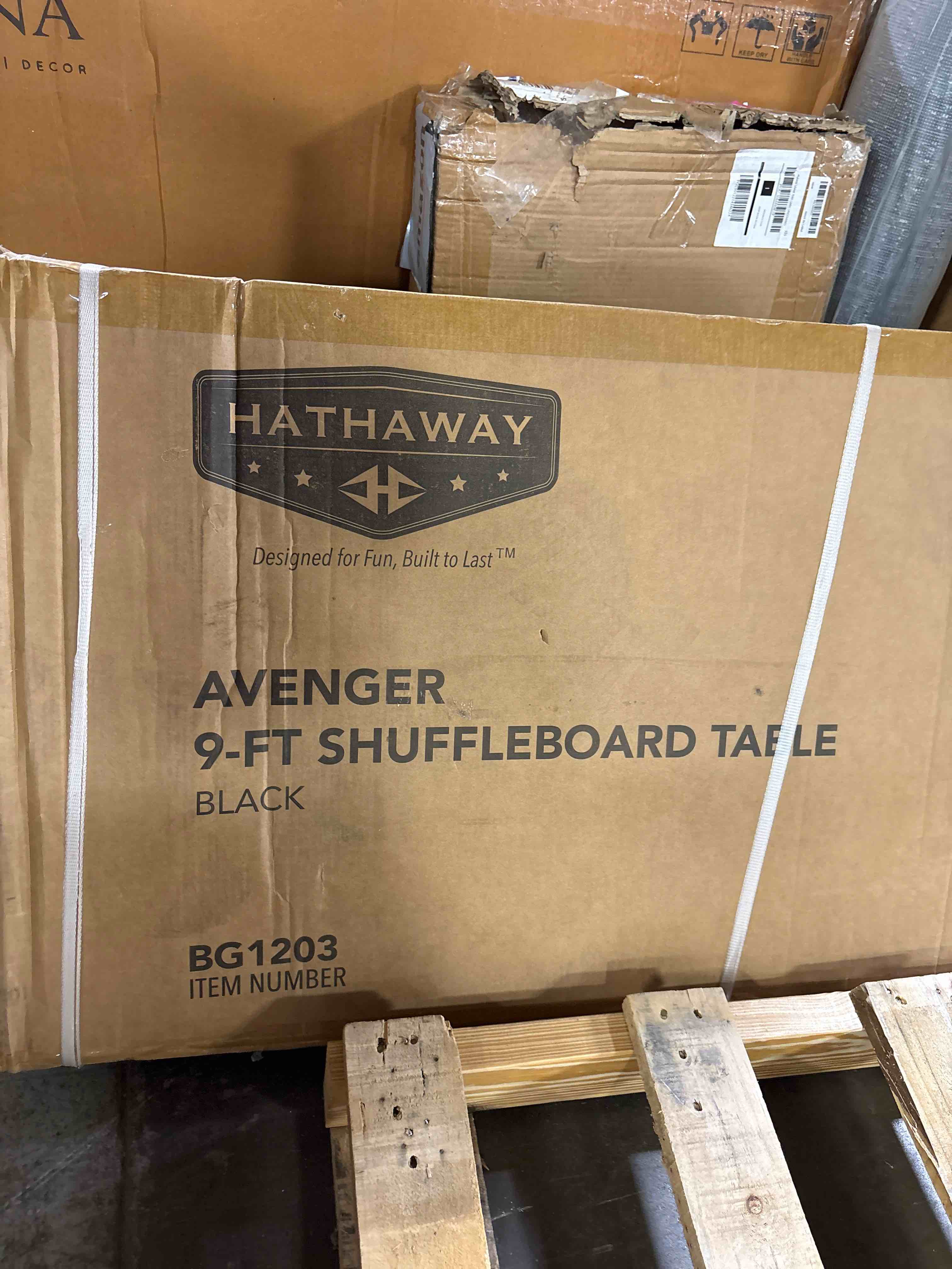 Condition photo showing New/Like New for Hathaway Avenger 9 Ft Shuffleboard Table for Family Home Arcade Game Room - with Poly-Coated Playfield, Built-in Abacus Scorer, Padded Gutters, Leg Levelers, 8 Pucks, Brush & Wax - Black Wood Finish