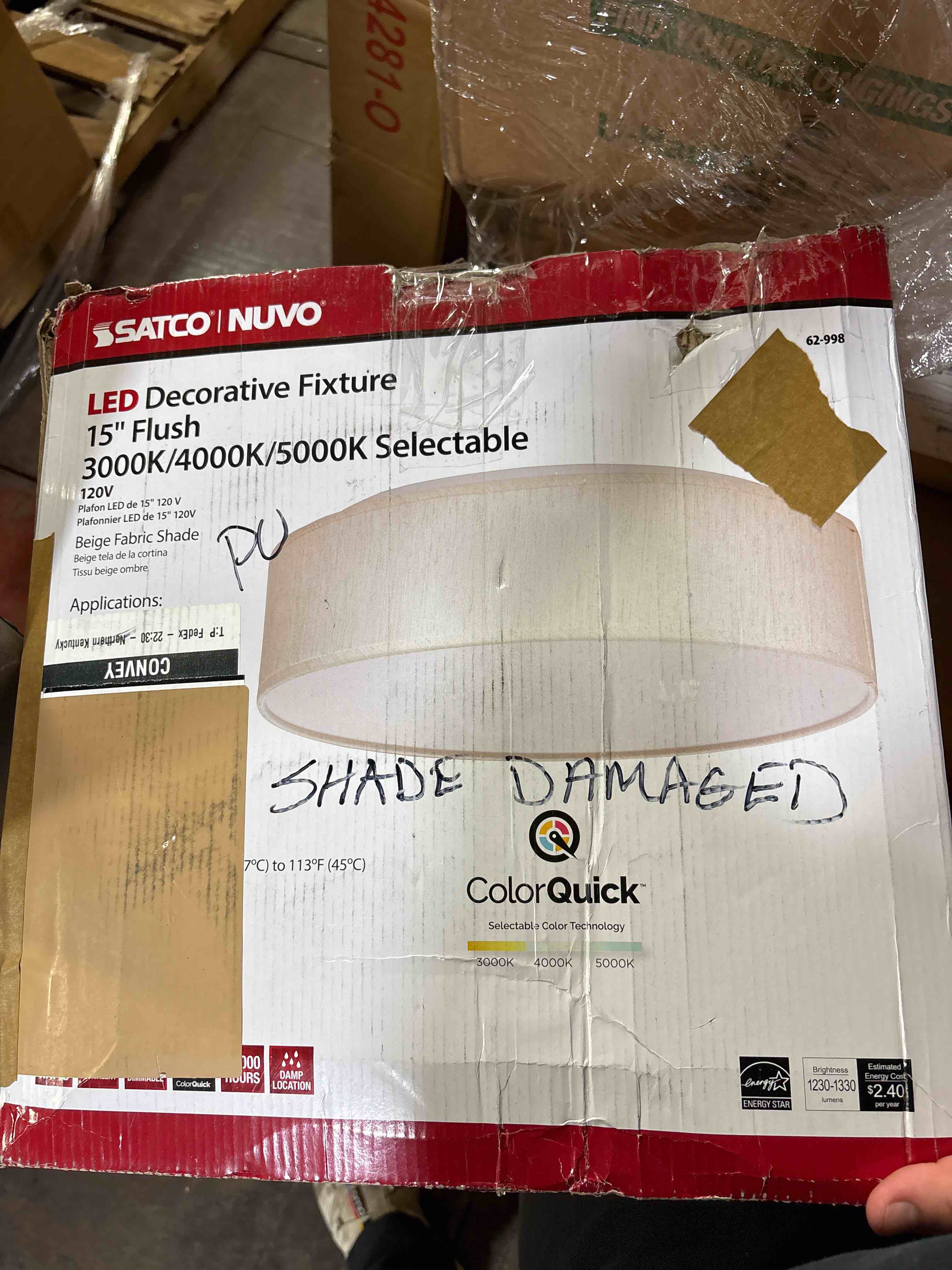 Condition photo showing As Is for 20w 15-in Tunable Beige Fabric Drum LED Decor Flush Mount Acrylic Diffuser