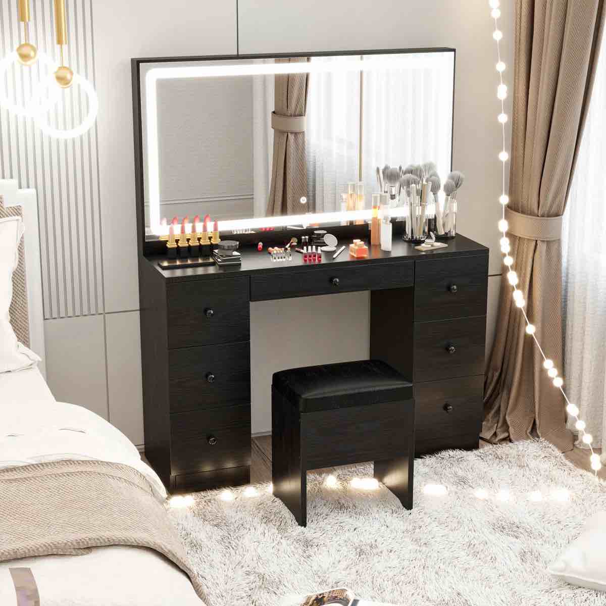 Makeup Vanity Desk with LED Lighted Mirror & Power Outlet & 7 Drawers