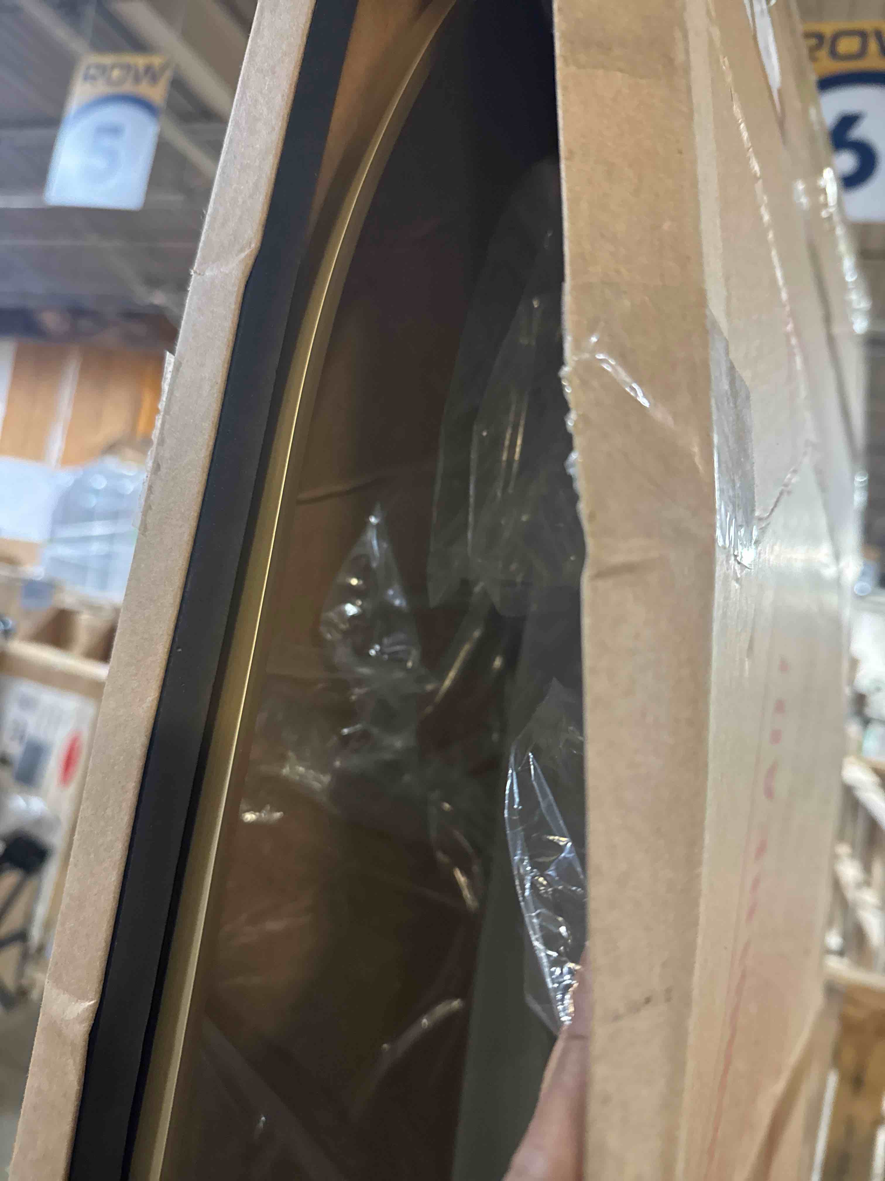 Condition photo showing New/Like New for Koonmi 34"x76" Arched Full Length Mirror, Gold Large Floor Mirror with Aluminum Alloy Frame, Standing, Hanging or Leaning Wall-Mounted Vanity Mirror for Living Room and Bedroom 76"L x 34"W Gold