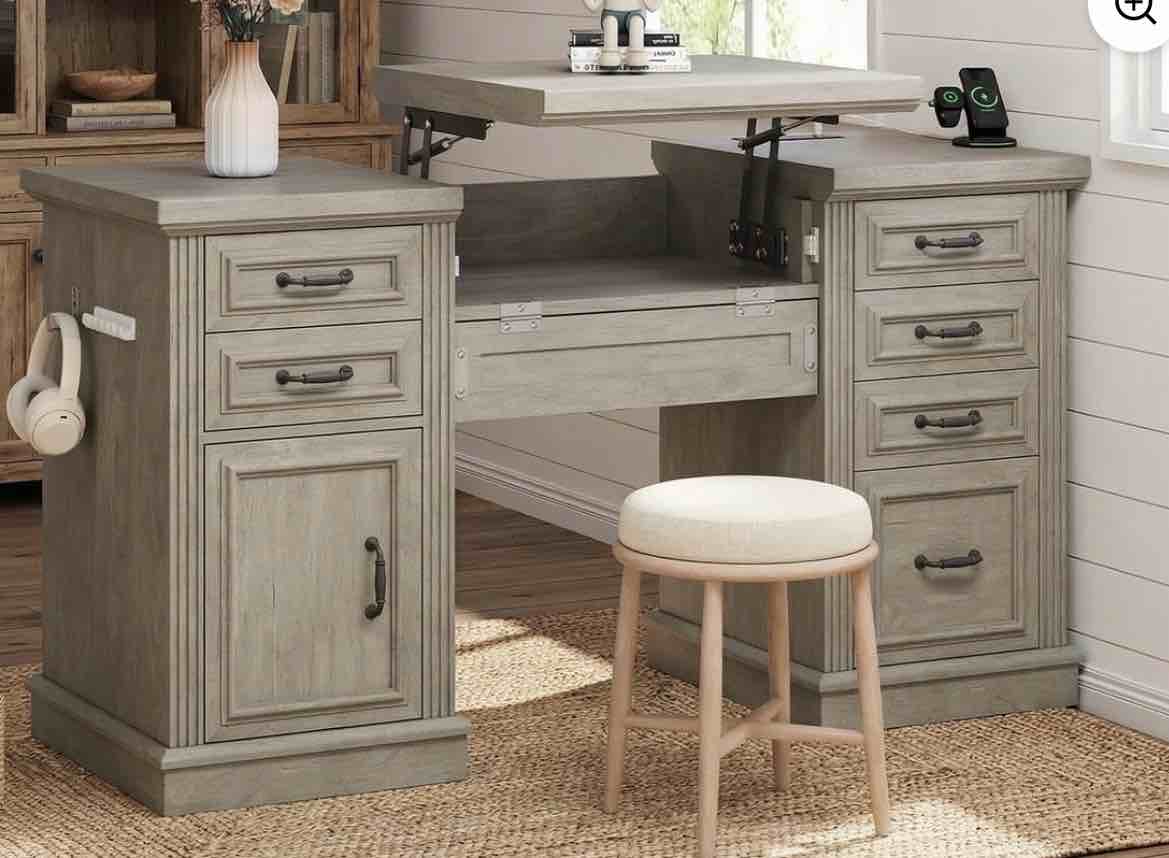 Vipuse Farmhouse 57" Lift Up Executive Desk with 5 Drawers and Charging Station, Wood Home Office Computer Desk with File Cabinet Storage, Keyboard Tray,Headphone Hook for Work,Study (Grey)