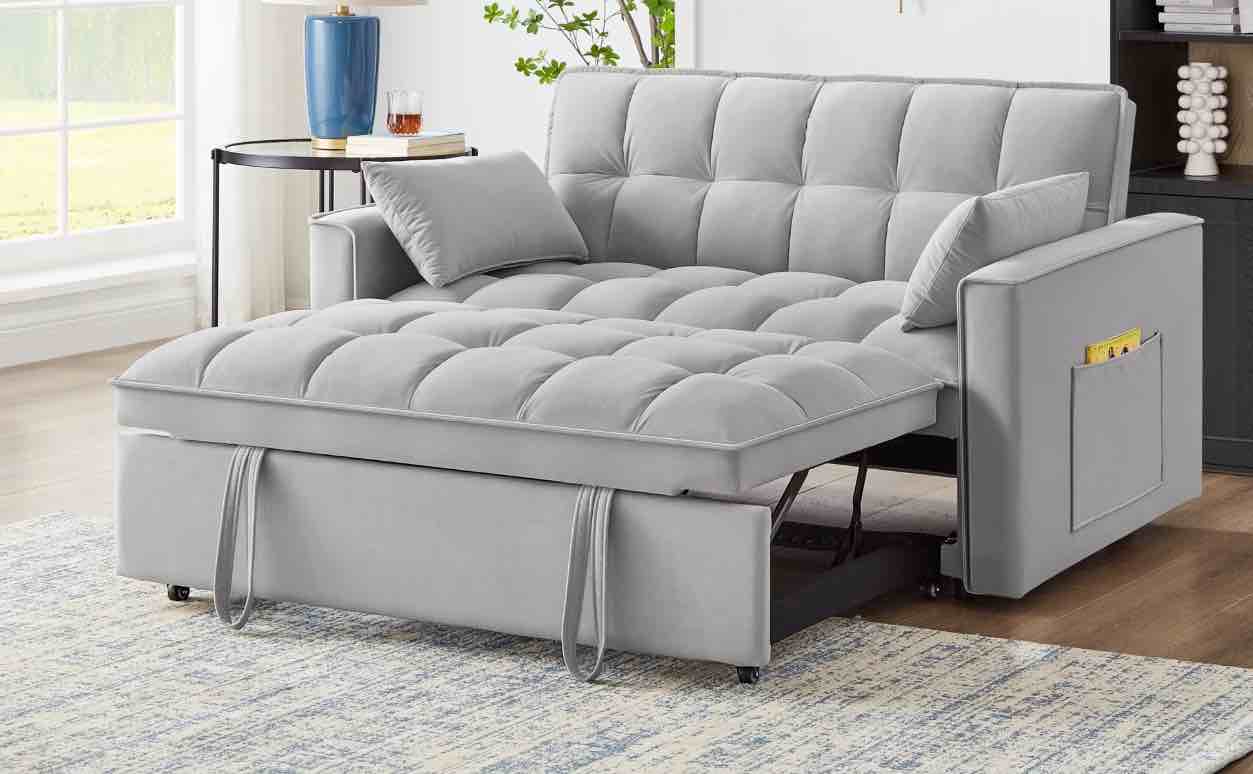 convertible loveseat sleeper sofa bed with armrests & storage pockets,multi-function 4 in 1 velvet tufted pull-out couch w/adjustable backrest and pillows,for living room,apartment,office, light grey