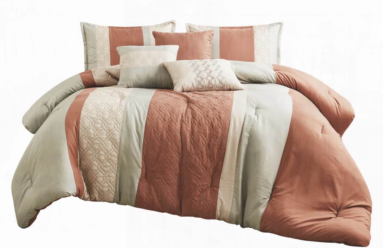 6-Piece Rust & Beige Color Blocked Quilted Microfiber Comforter Set 