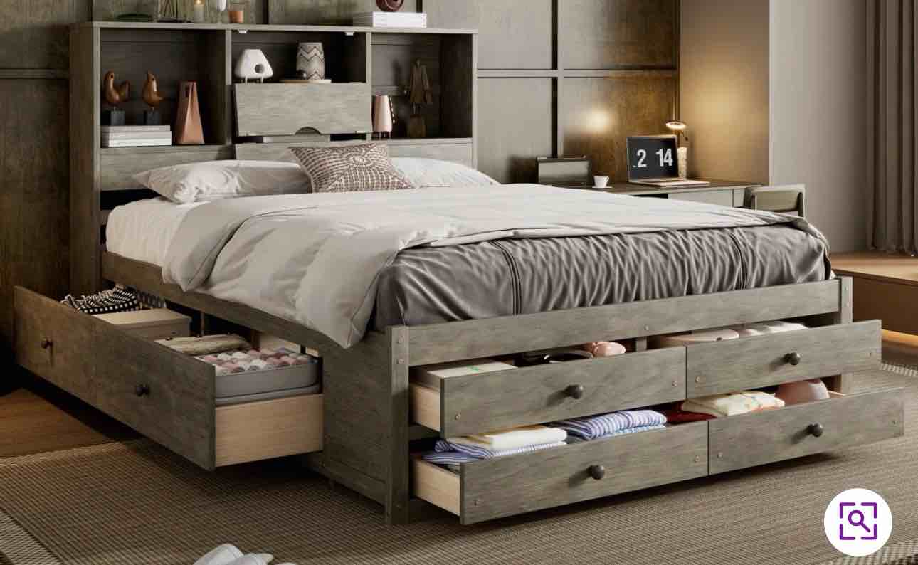 Queen Size Platform Bed with Headboard Storage & 8 Drawers Solid Wood ( Incomplete Box 2 of 3 ONLY)