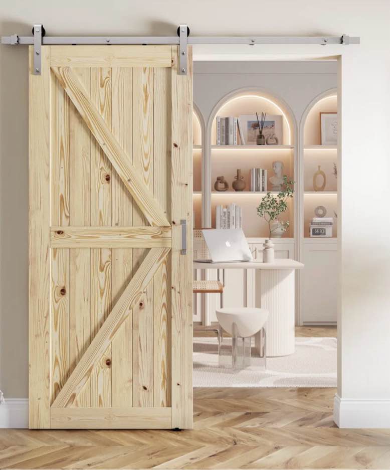 paneled solid wood unfinished barn door with brushed nickel hardware 80" 