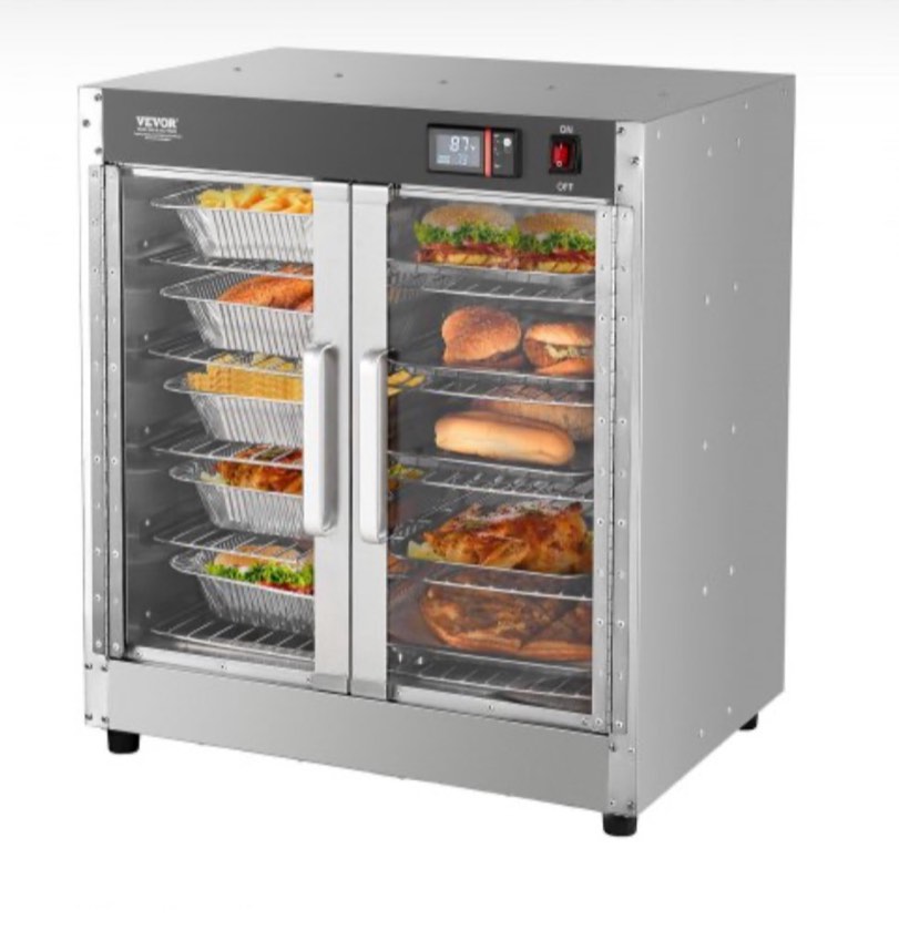 vevor hot box food warmer, 5-tier concession warmer with water tray, 5 pans, glass double-door and adjustable shelves, stainless steel food warmer cabinet, ideal for storing pizza, chicken, restaurant