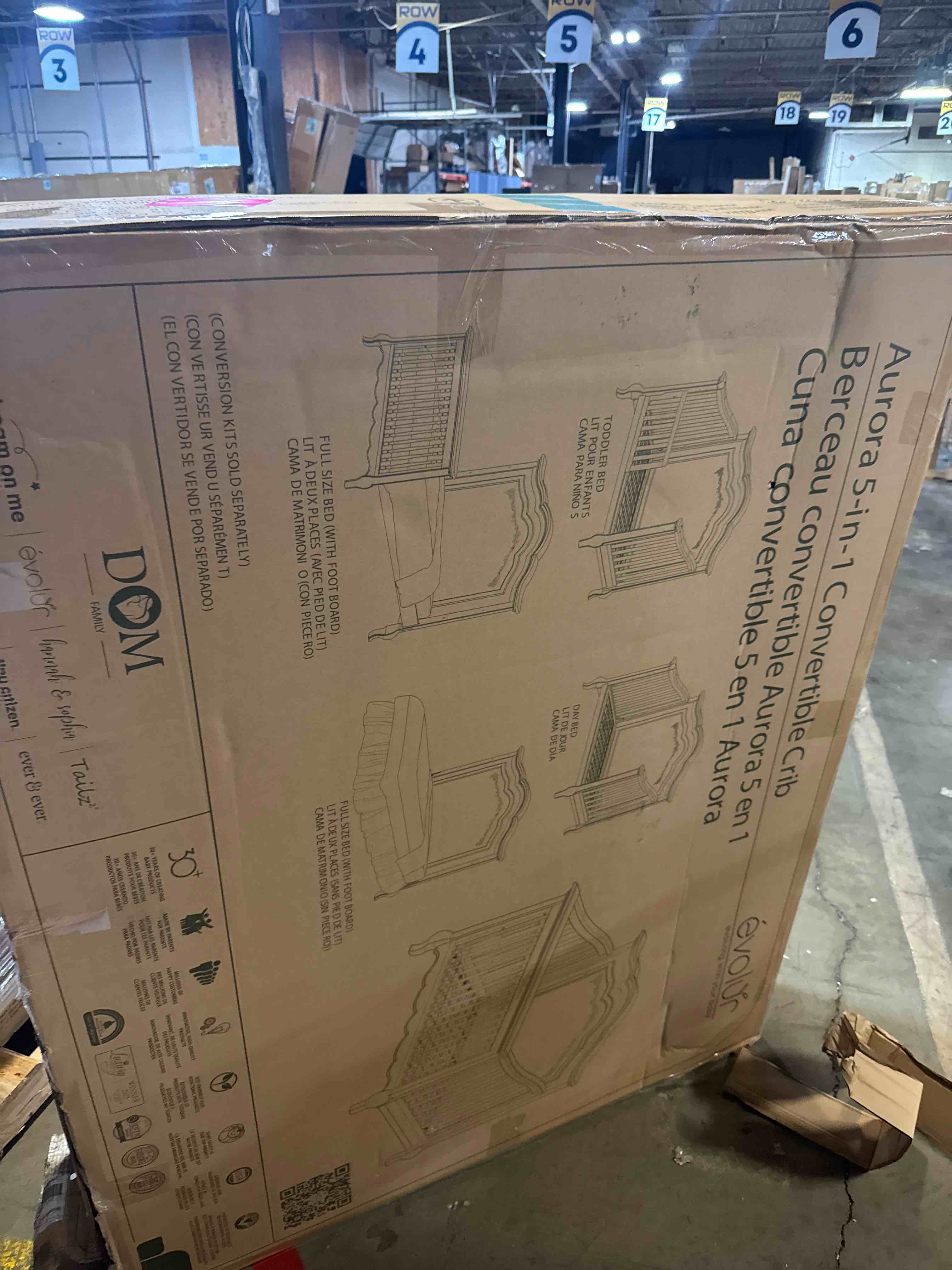 Condition photo showing New/Like New for evolur aurora 5-in-1 convertible full-size baby crib in ivory lace, greenguard gold & jpma, 3 mattress heightsribbon bow scrollwork & queen anne feet, converts to toddler, day & full-size bed