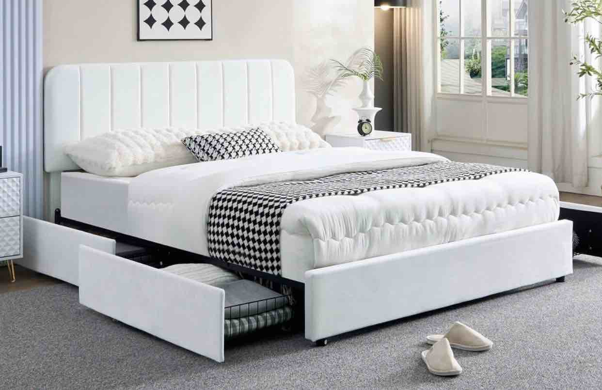 VECELO Bed Frame with 4 Storage Drawers Upholstered Platform Bedframe with Adjustable Headboard ( FULL)