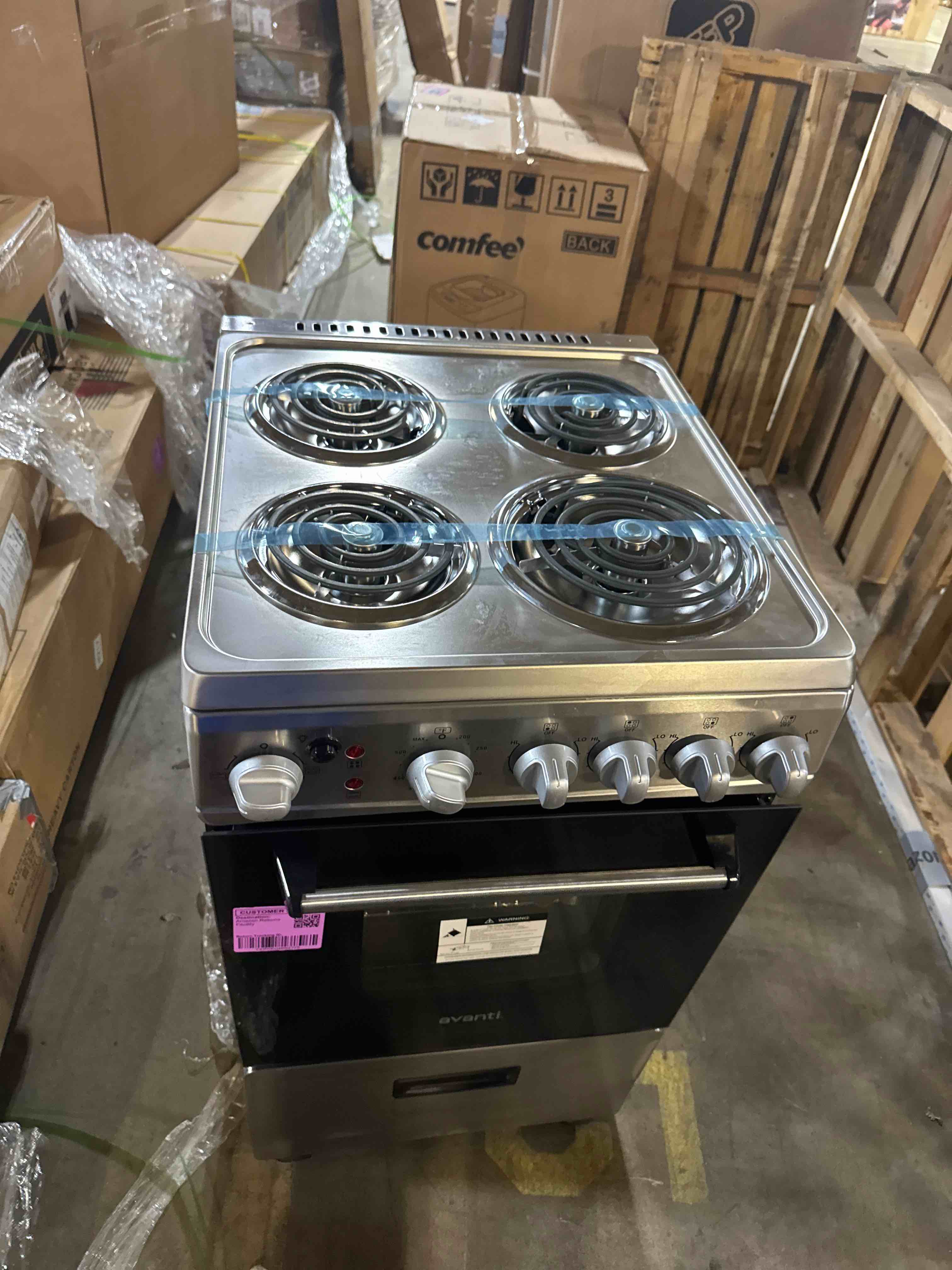 Condition photo showing New/Like New for avanti electric range oven compact design, 2.1-cu.ft. capacity with 4 coil burners, framed glass oven door, storage drawer and broiler with pan perfect for apartments, 20-inch, stainless steel electric range stainless steel ( no box)