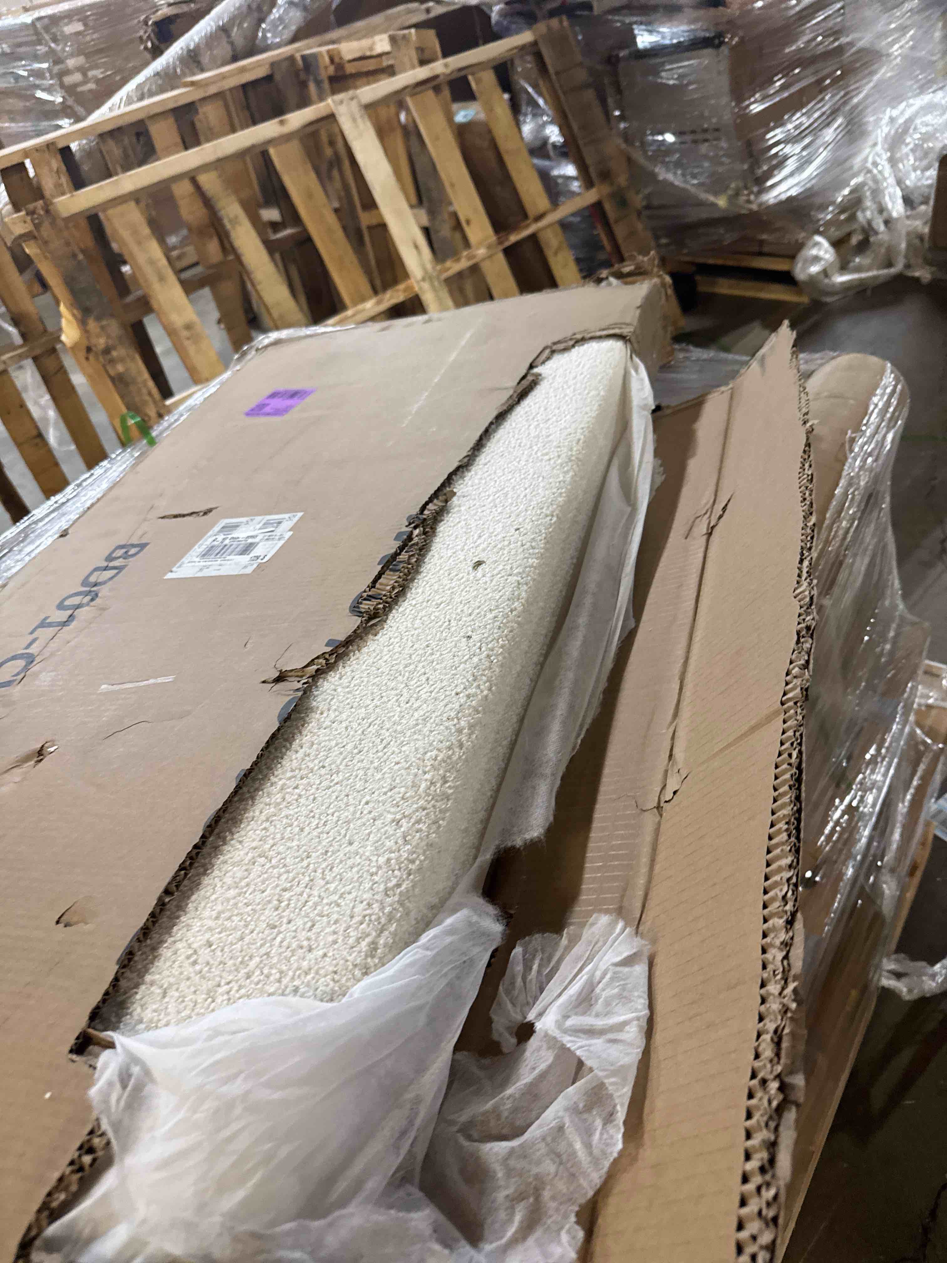 Condition photo showing Good Condition for boucle upholstered bed frame soft rounded corners headboard low profile ( one box only)