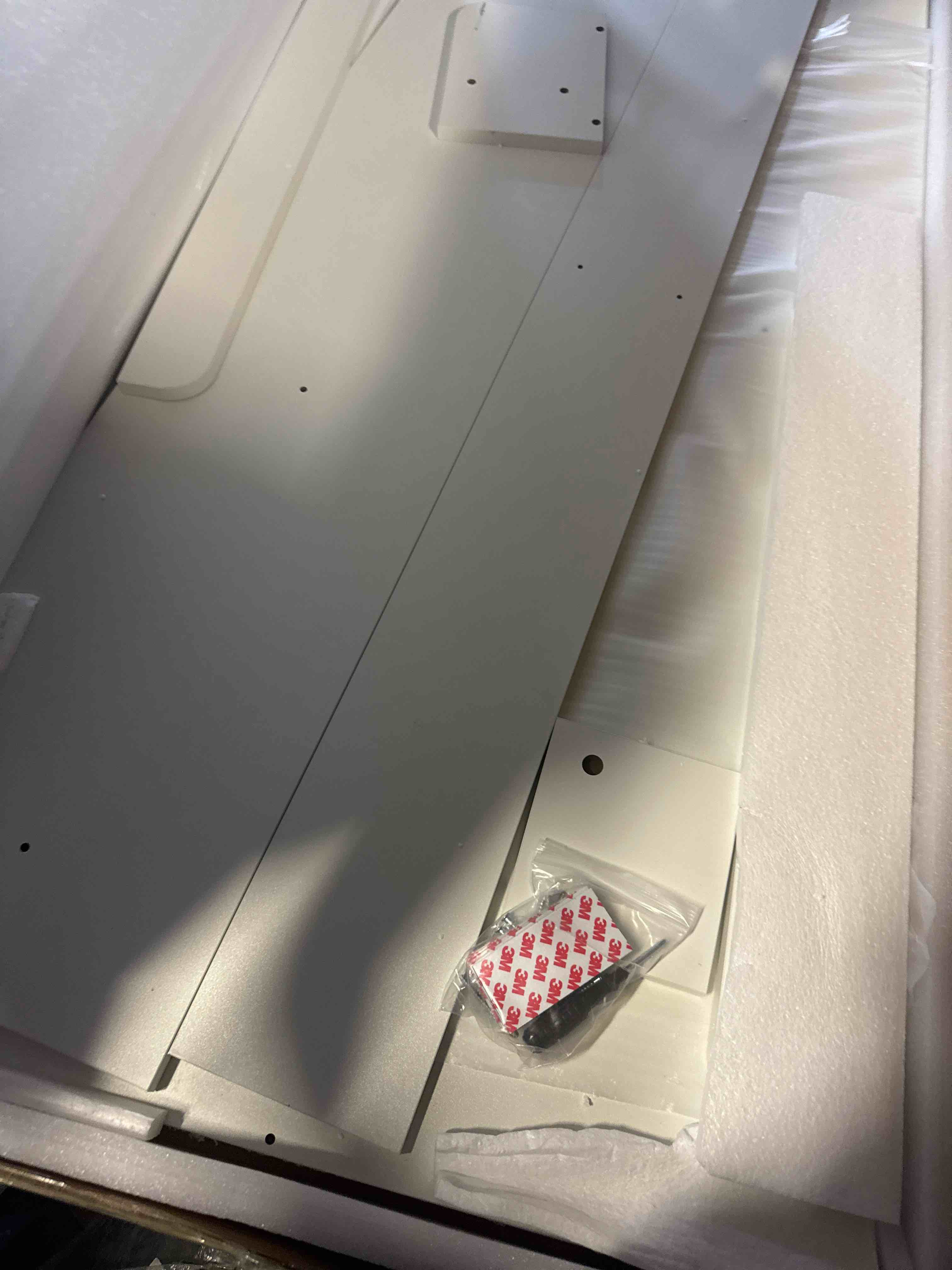 Condition photo showing Good Condition for 2-tier washer dryer countertop with 2.75" h edge rails, 58" w x 28" d laundry countertop for folding clothes, washer and dryer topper with non-slip pad (white) white plus-2 tier (58"wx28"dx12"h)