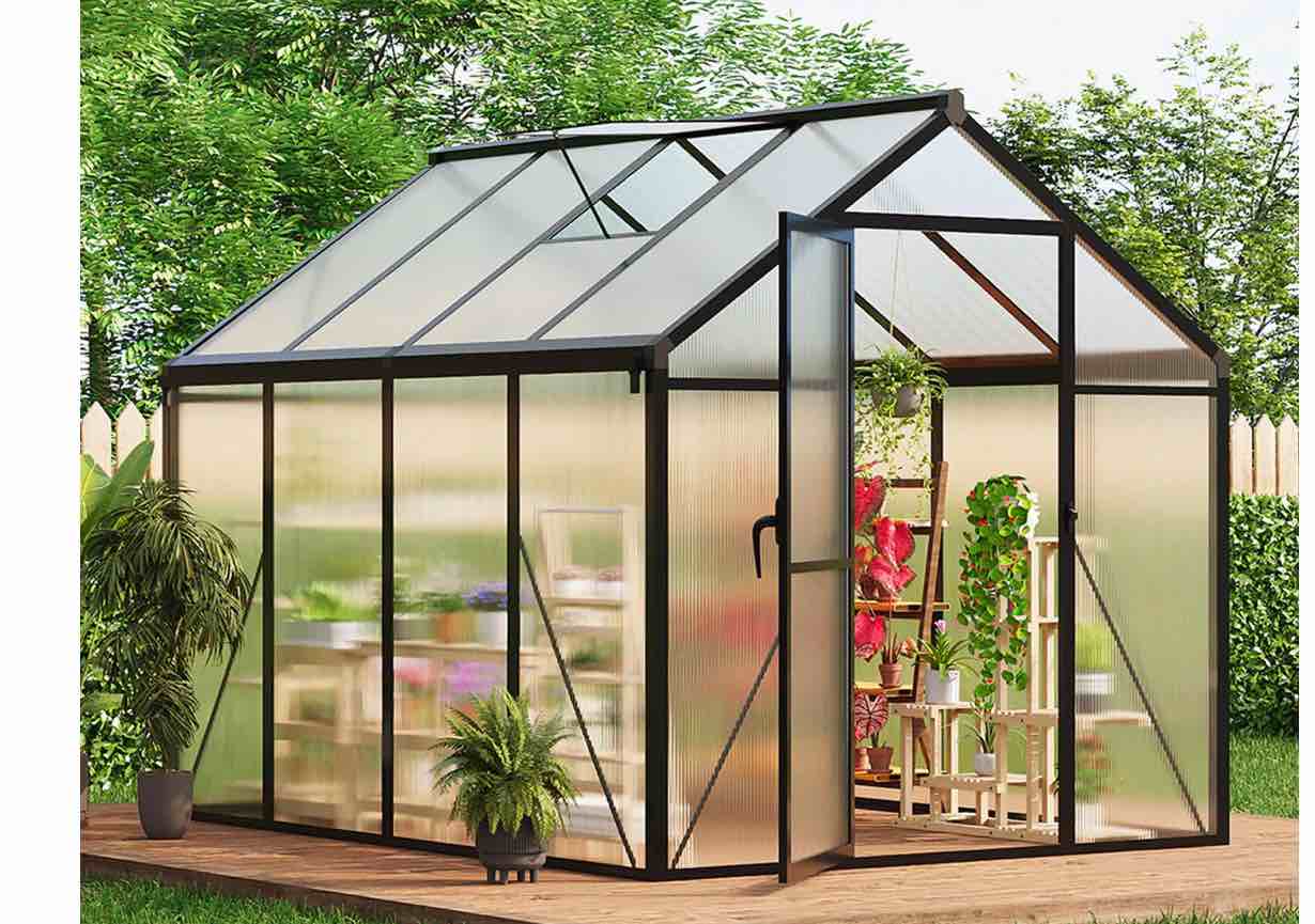 Garvee 6x8 FT Polycarbonate Greenhouse for Outdoors with Roof Vent & Lockable Push Door, Aluminum Frame, Ground Nails, Rain Gutters, Large Walk-in for Garden Patio Lawn