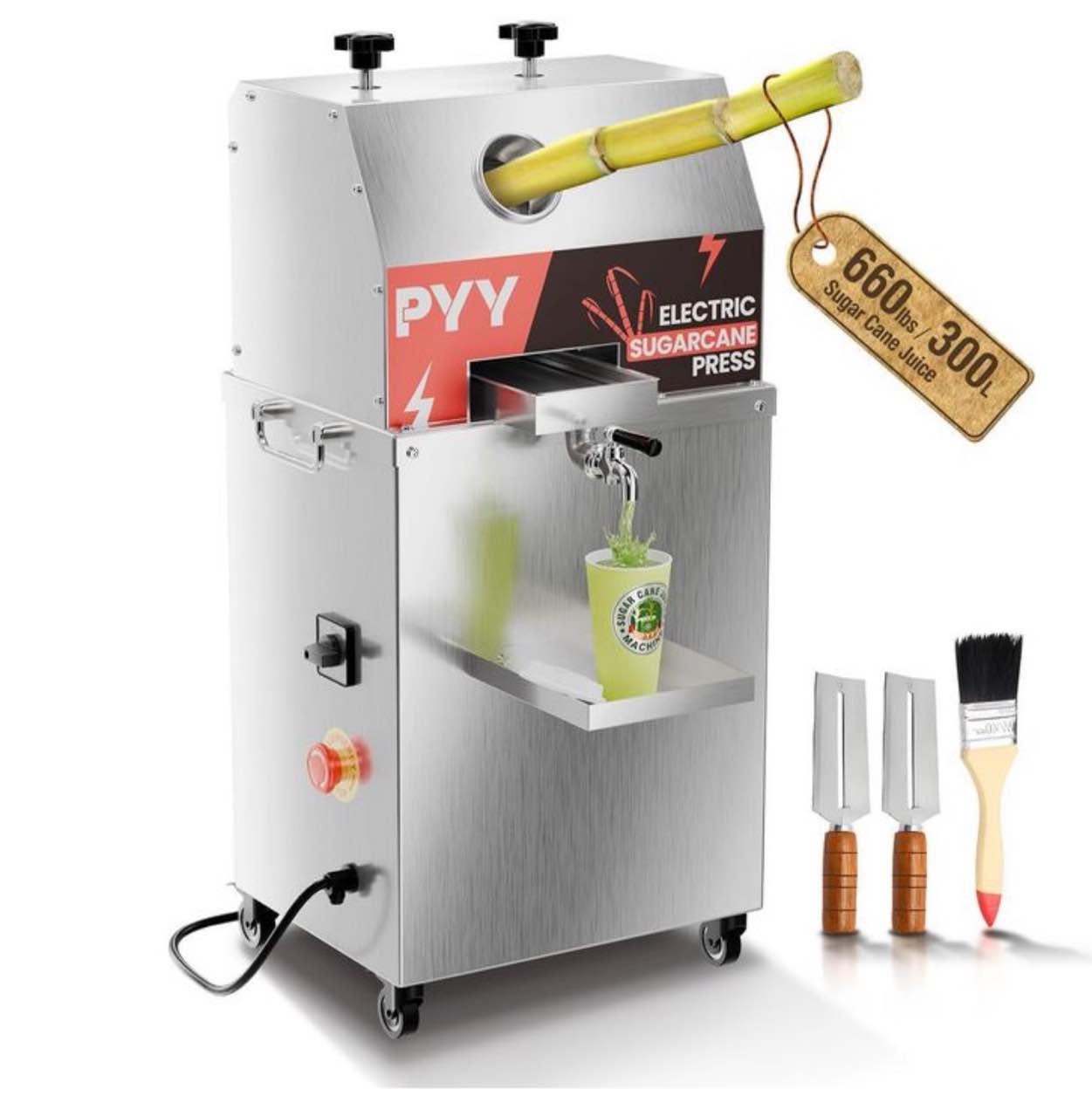PYY Commercial Sugar Cane Juicer Machine - Electric 3-Rollers Sugarcane Juice Press Stainless Steel Extractor on Wheels,Cleaning Brush,2 Peelers,Straws and Cups,800W 110V-120V