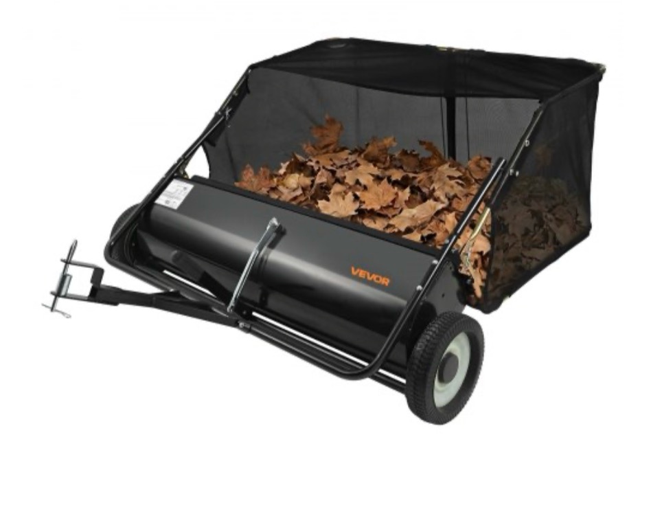 vevor tow behind lawn sweeper, 44 in pull behind lawn sweeper, 25 cu. ft large capacity leaf & grass collector, heavy duty garden sweeper with adjustable sweeping height for yard, lawn, farm