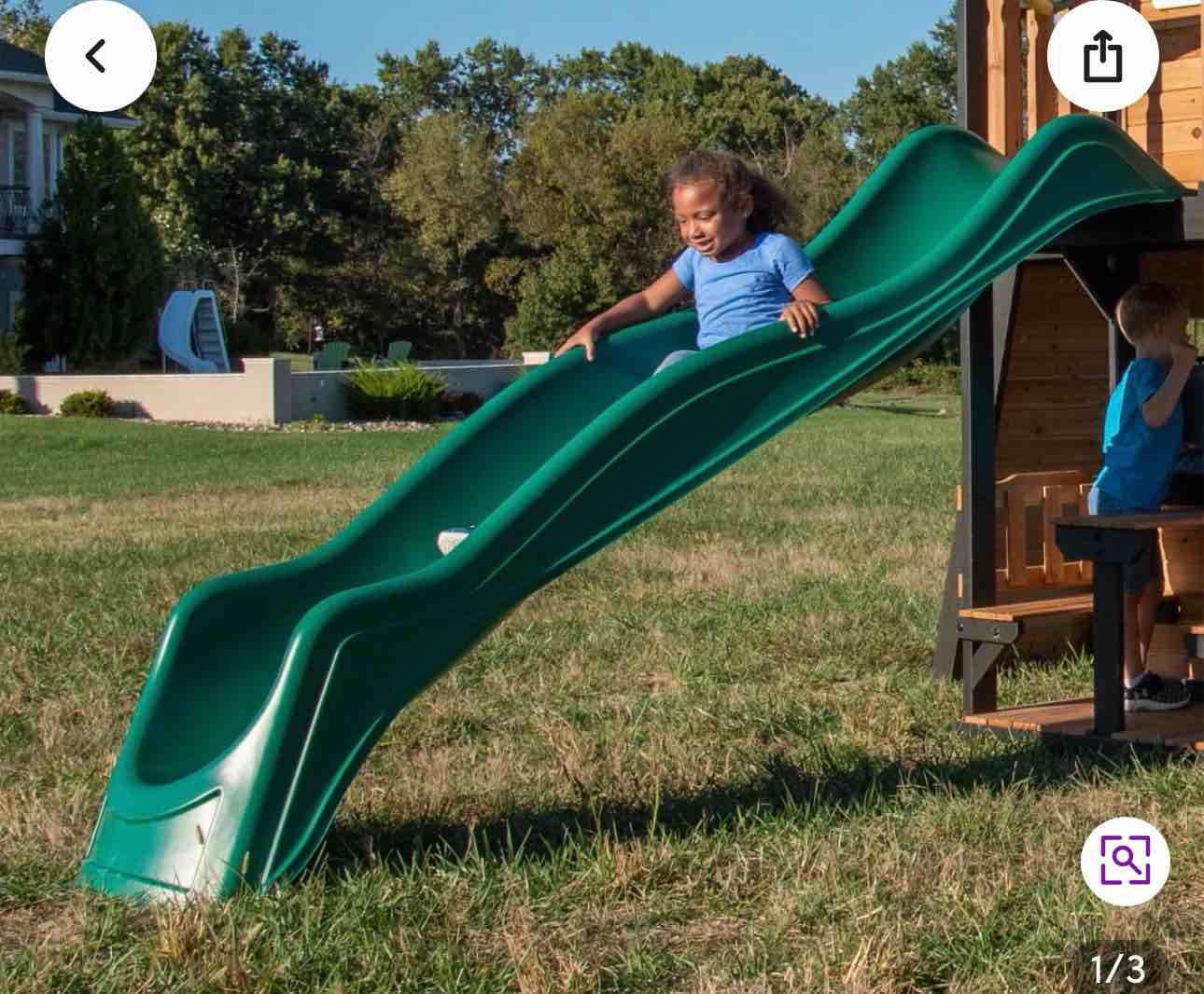 backyard discovery 10 foot wave slide, high side walls, easy one piece installation, holds 250 lbs, ages 3 to 10, made in the usa, safety features, gray