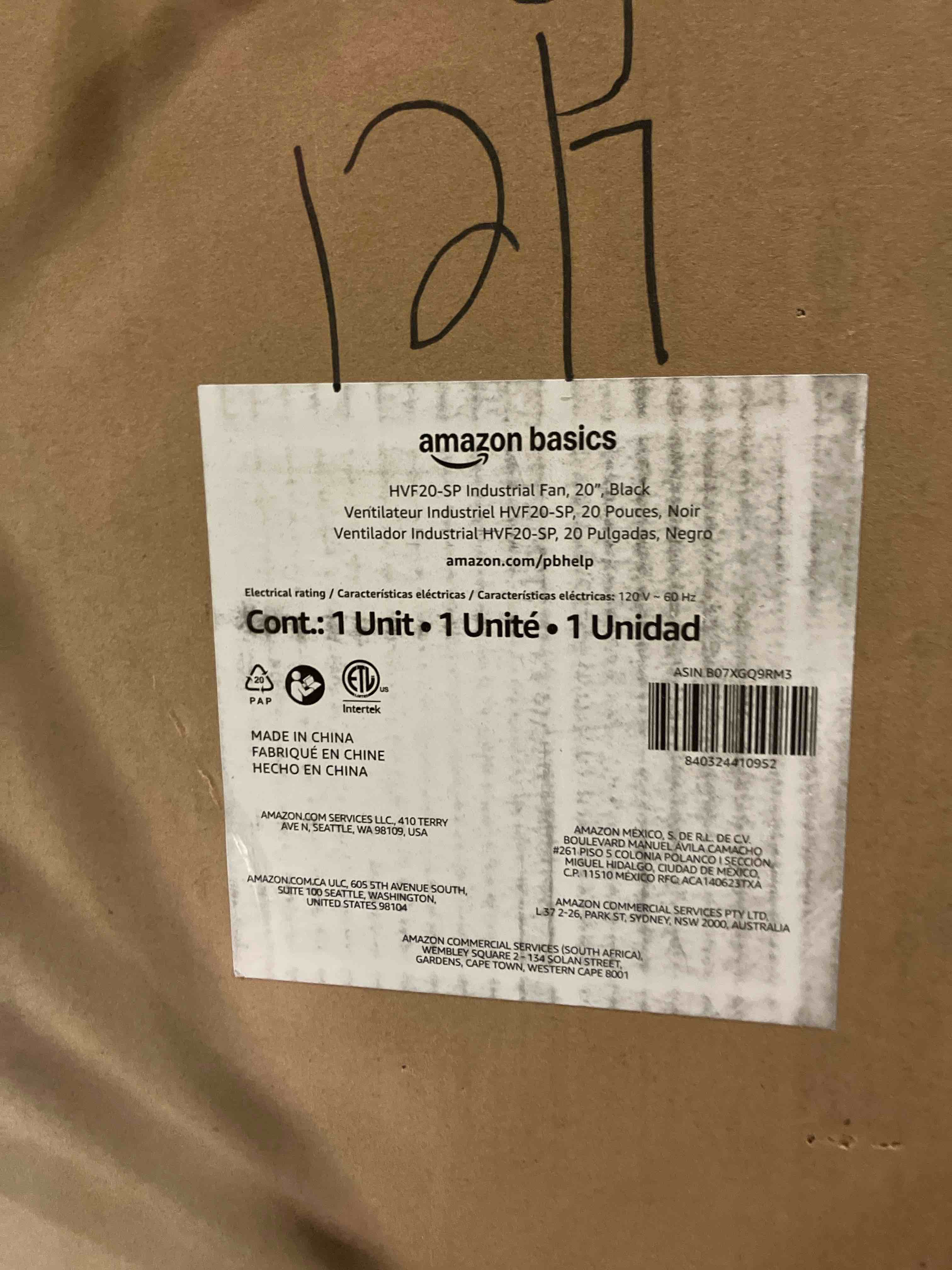 Condition photo showing New/Like New for Amazon Basics 20" High Velocity Industrial Fan, Floor Fan, with 3 Speeds, Tilt Head, ETL-Listed Safety Compliance, Metal Housing/Blades, Ideal for Industrial/Commercial Space/Garage/Gym, 125W, Black