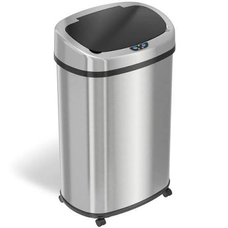 iTouchless - 13 Gallon Touchless Sensor Trash Can with AbsorbX Odor Control System, Stainless Steel Oval Shape Kitchen Bin - Silver