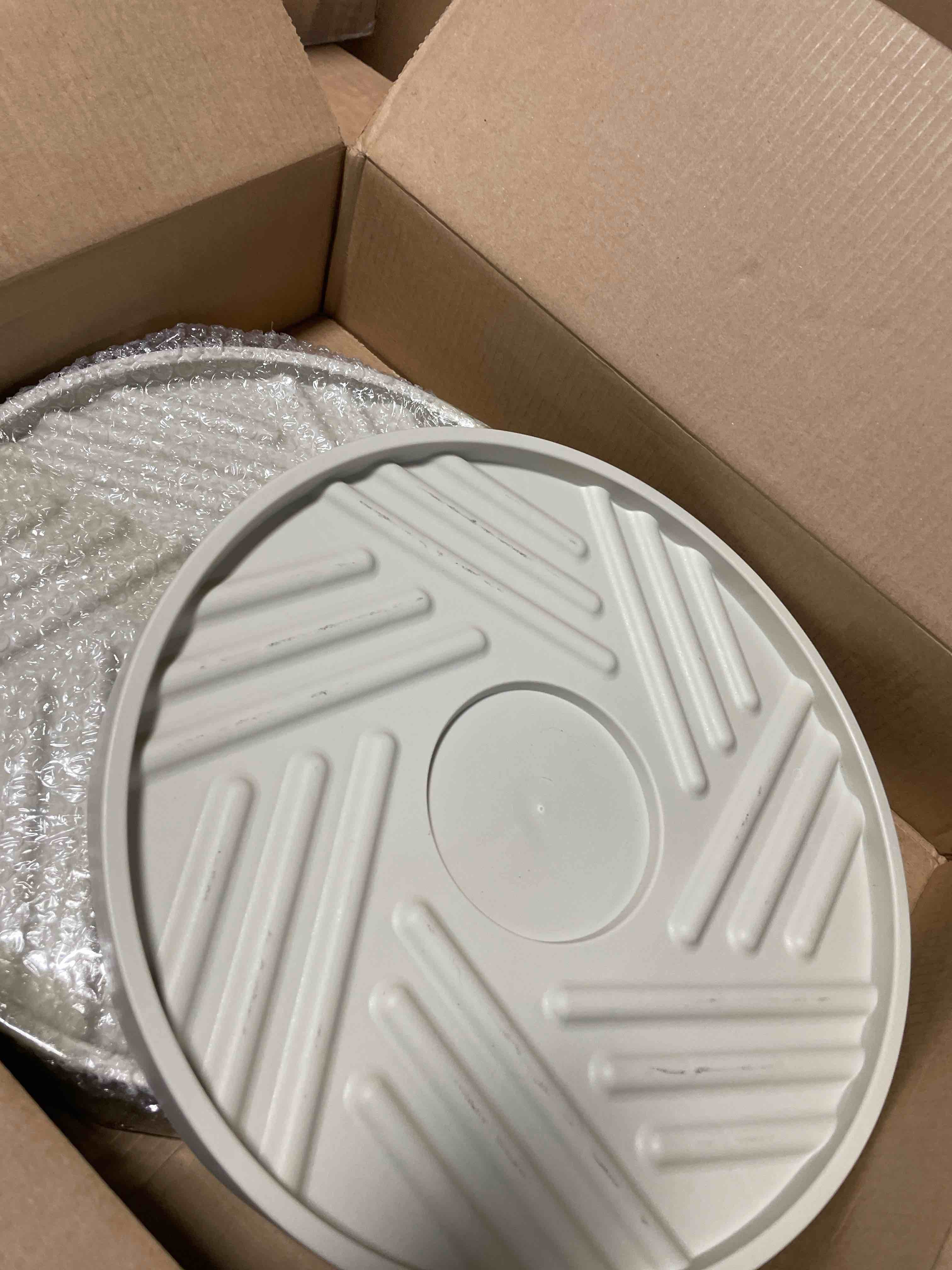 Condition photo showing As Is for 2PCS Round Plant Caddy with Hidden Wheels, Rolling Plant Stand with Wheels, Heavy Duty Plant Caddy with Wheels Plant Dolly, Pot Base for Plants Indoor Outdoor, Beige, 12 inches (Used)