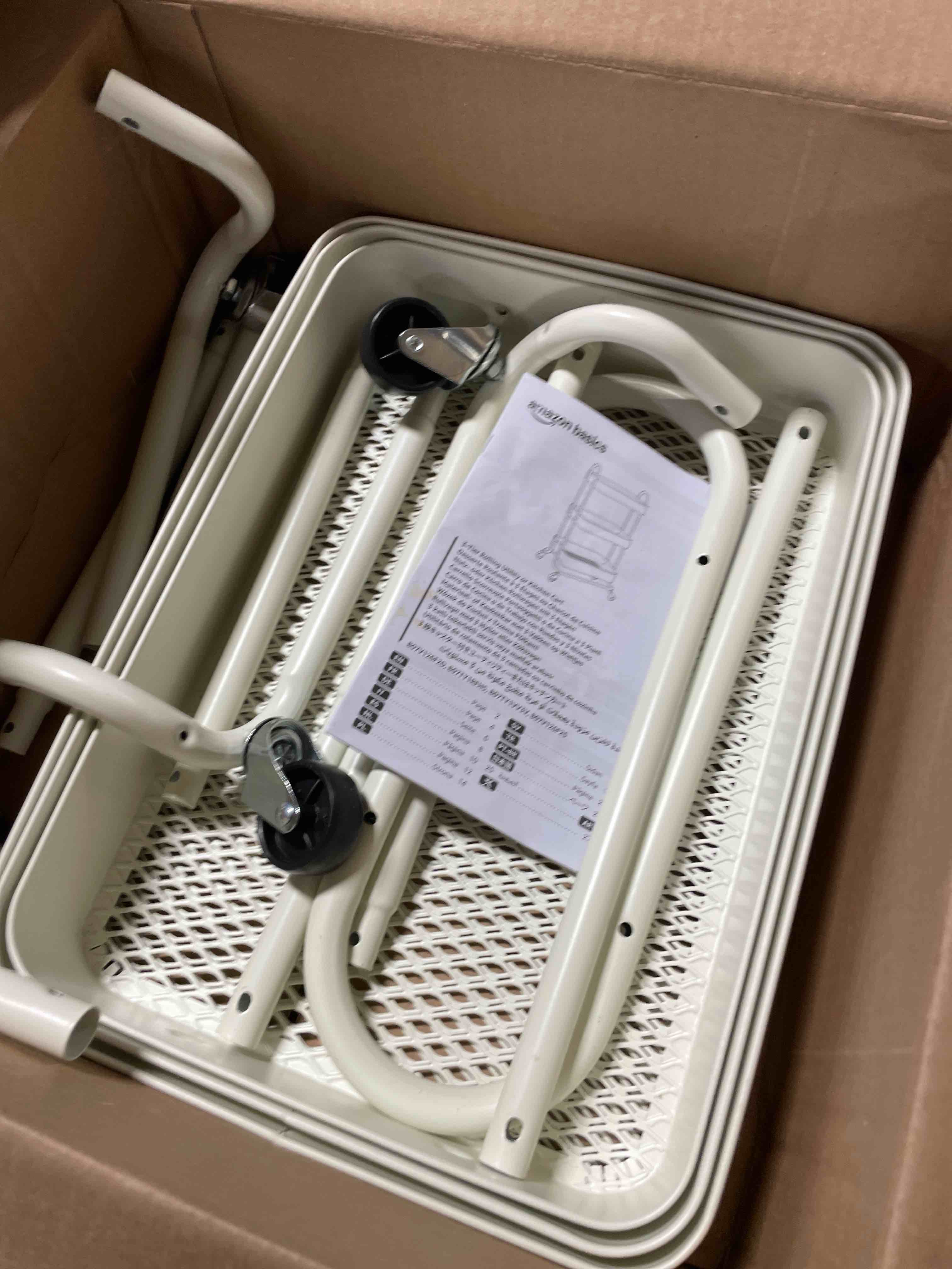 Condition photo showing Good Condition for Amazon Basics 3-Tier Rolling Utility or Kitchen Cart, Lockable Wheels, Multifunctional Storage, White