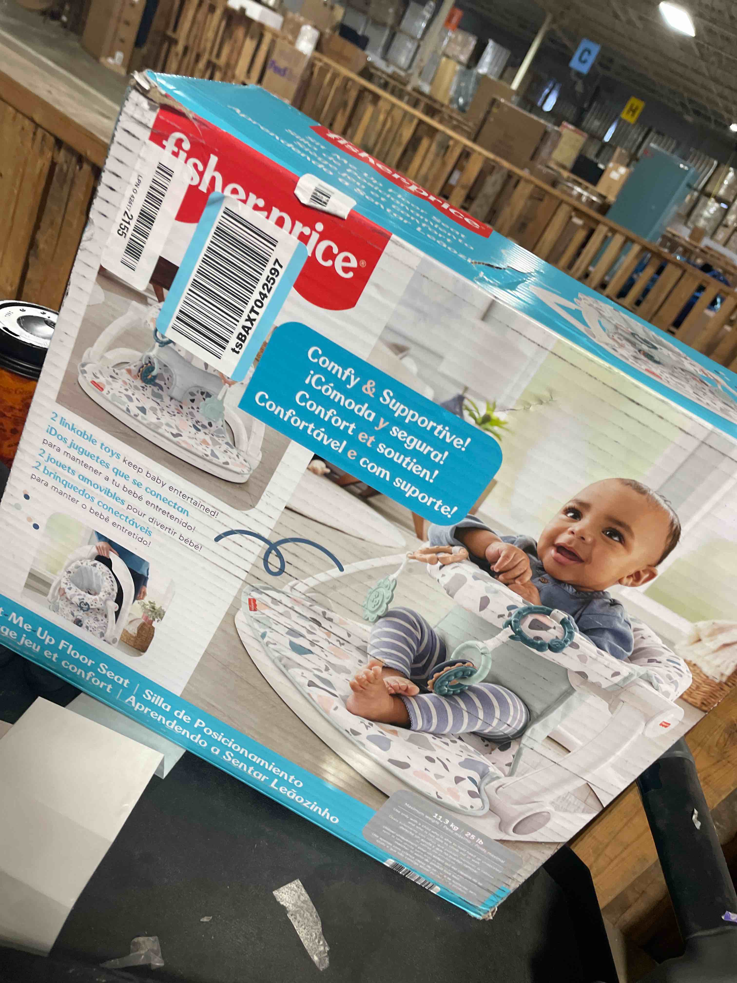 Condition photo showing New/Like New for Fisher-Price Portable Baby Chair Sit-Me-Up Floor Seat With Developmental Toys & Machine Washable Seat Pad, Pacific Pebble 1 Count (Pack of 1) Pacific Pebble