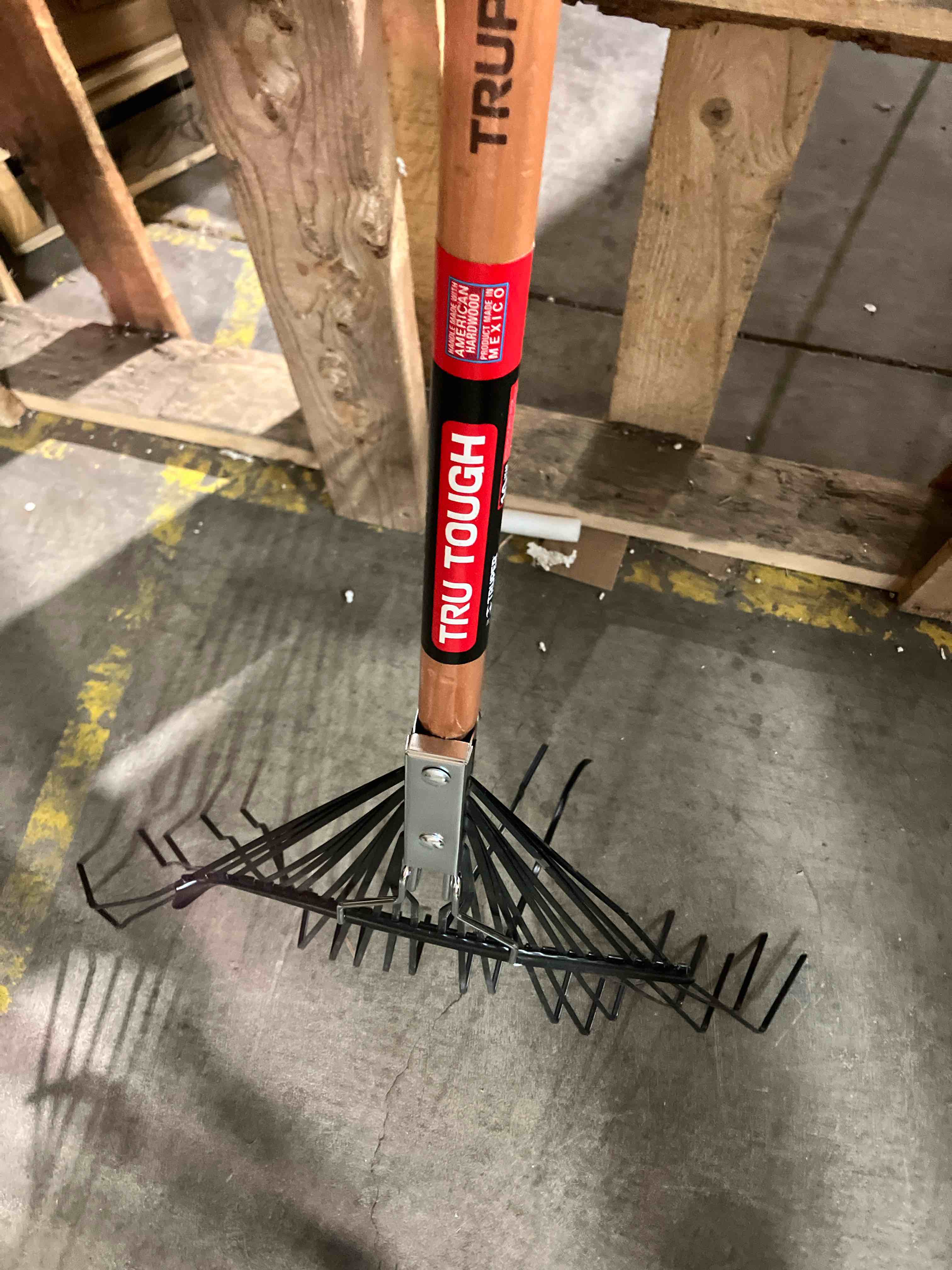 Condition photo showing As Is for Truper 30480 Steel Leaf Rake 24 Tines - 24-Inch Head, 54-Inch Wood Handle - Garden Rakes Metal Heavy Duty - Yard Rakes - Lawn Rake for Leaves and Grass (Damaged) (Bent)