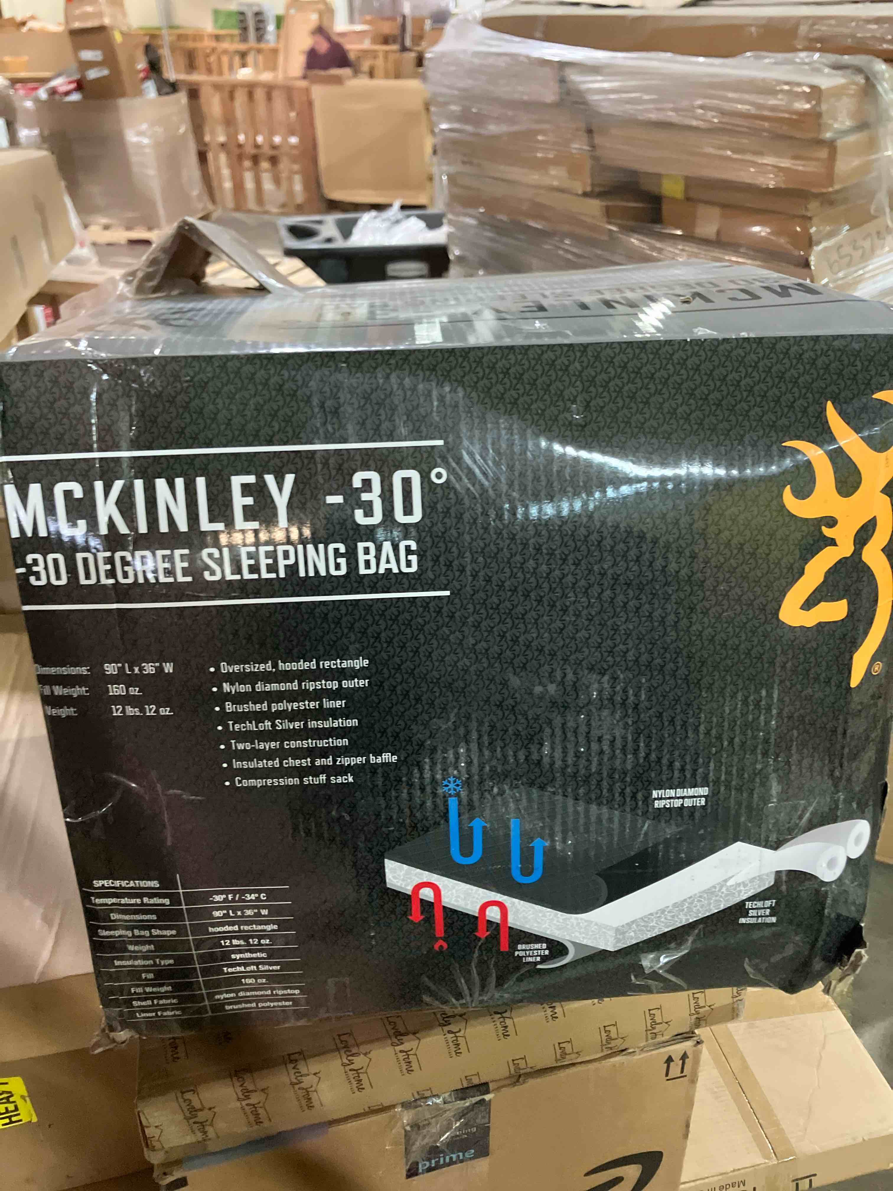 Condition photo showing New/Like New for Browning McKinley -30° Sleeping Bag - Oversize Insulated Hooded Rectangle Made with Ripstop Outer and Brushed Polyester Liner, with Compression Stuff Sack, Charcoal/Gray
