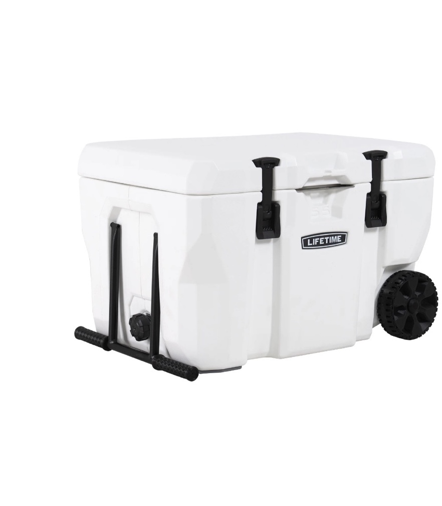 Condition photo showing Good Condition for (something spilled on side) Lifetime 55 qt Bear-Resistant Camping Cooler Wheeled, Premium High Performance, Ice Retention, Hard Cooler, 60 Can Capacity, White (91072)