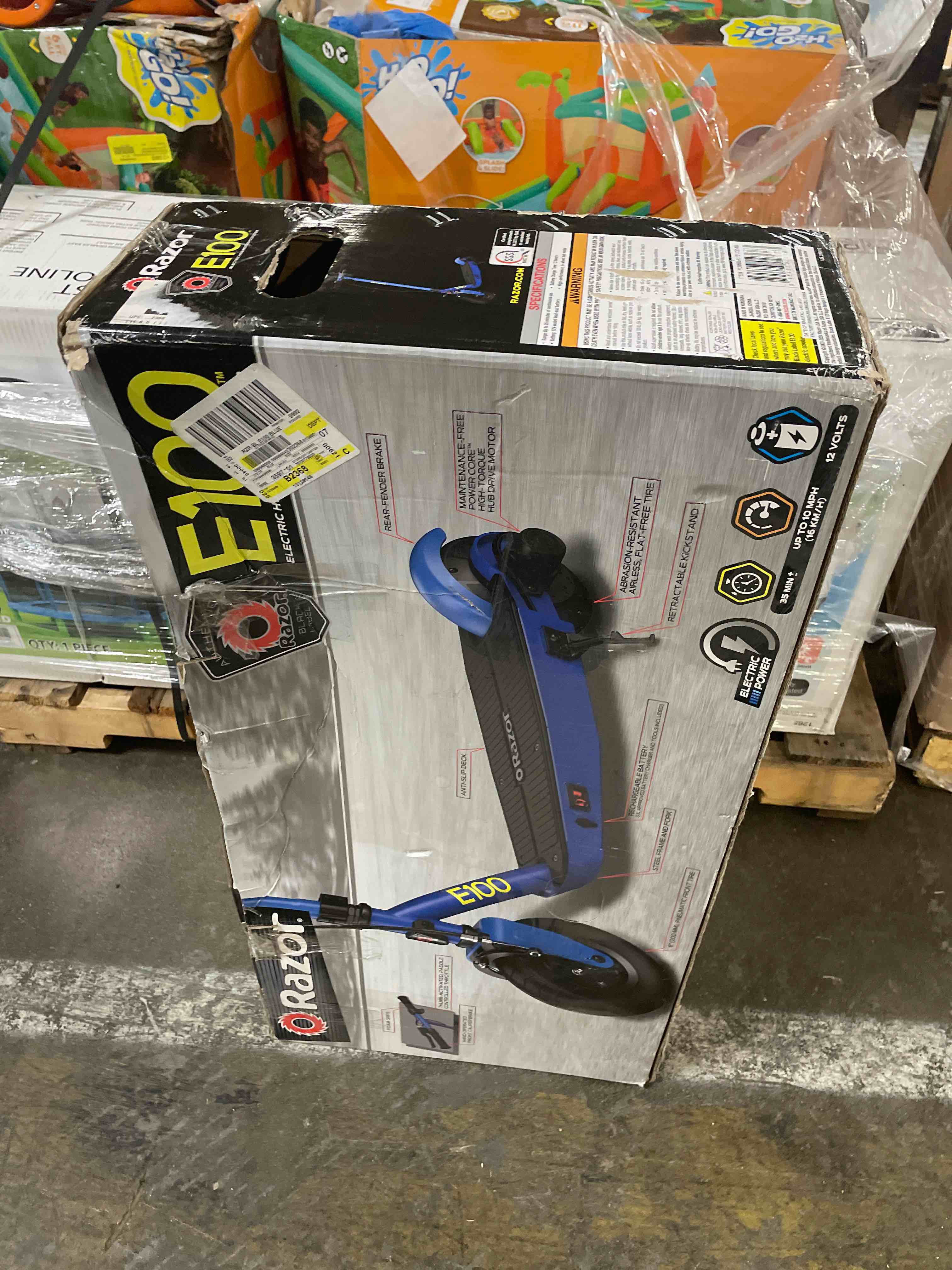 Condition photo showing New/Like New for Razor Black Label E100 Electric Scooter - Blue for Kids Ages 8+ and up to 120 lbs 8 Pneumatic Front Tire Up to 10 mph & up to 35 mins of Ride Time 90W Power Core High-Torque Hub Motor