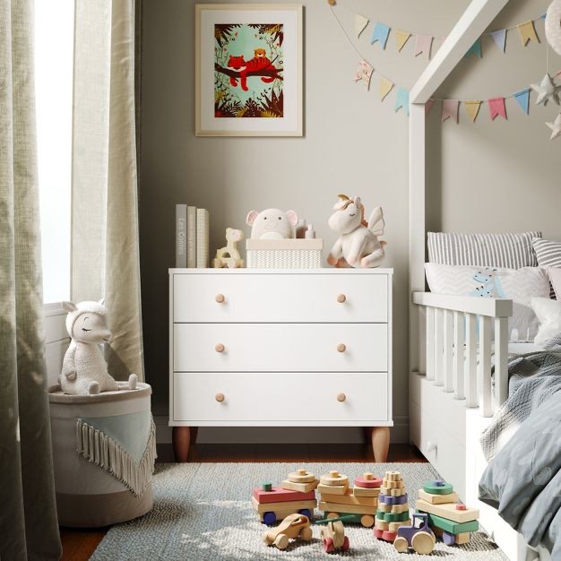 Buzz & Bloom Small Kids 3-Drawer Wood Dresser Chest for Bedrooms, White/Natural (Used)