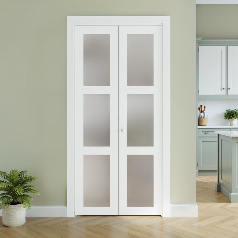37” frosted glass and solid manufactured wood pre-drilled bi-fold door with installation hardware kit