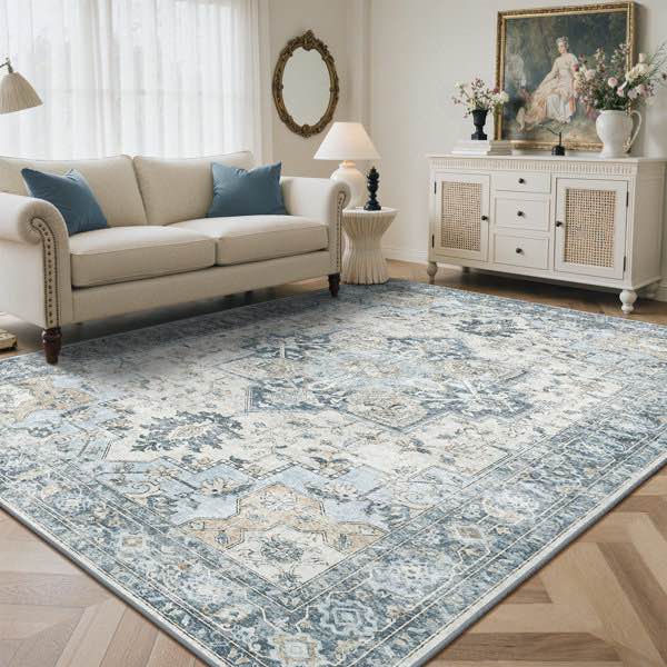 9’x12’ Roehit Oriental Performance Machine Washable Blue / Ivory Area Rug