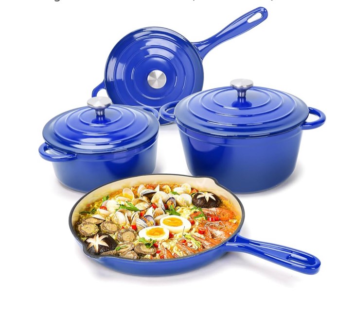 Hisencn Enameled Cast Iron Cookware Set - 7-Piece Ceramic Coated Cast Iron Cookware Set, Dutch Ovens, Sauce Pan, Skillet, 3 Lids, Heavy Duty Cookware, Gas/Induction Compatible, PFA Free, Cream White