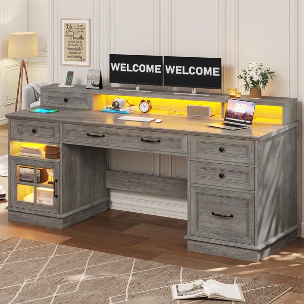 59" computer desk with 5 drawers and charging station, farmhouse(box 1 of 2)