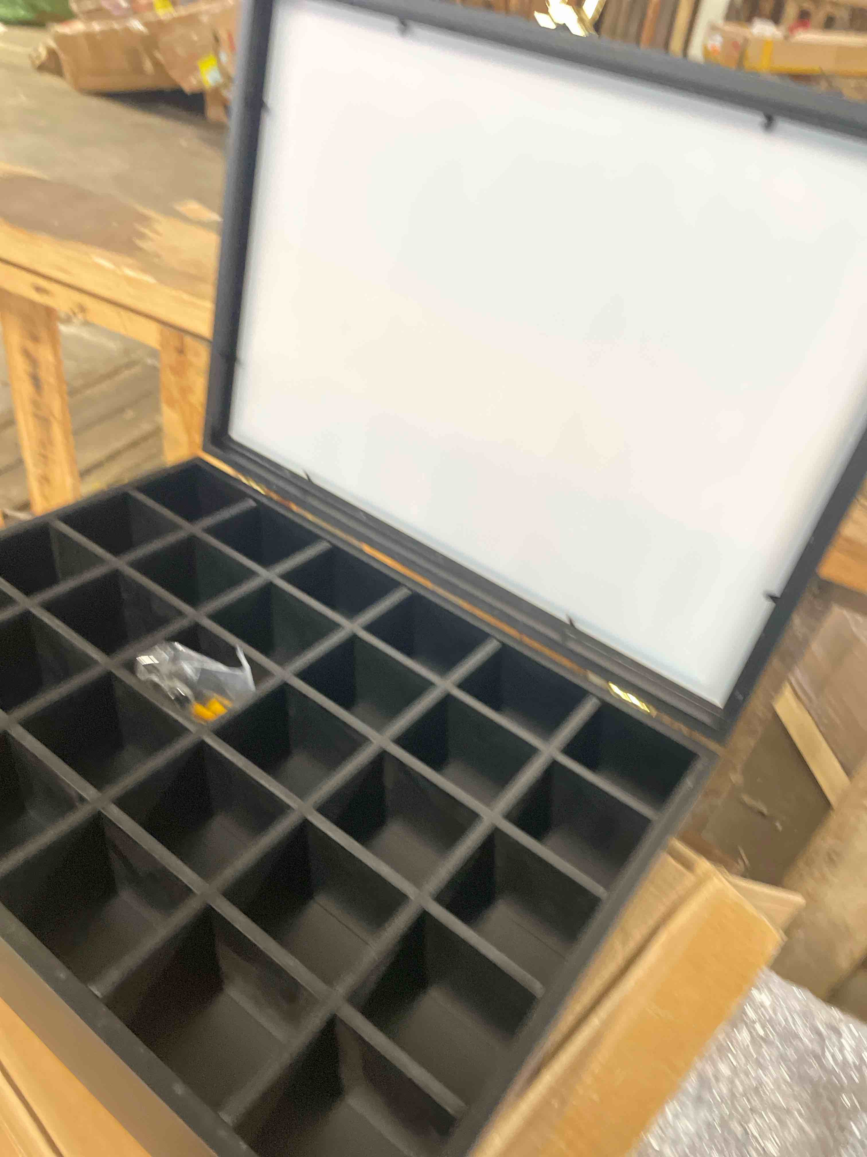 Condition photo showing New/Like New for Rock Display Case - Adjustable Mineral Collection Box with Glass Lid, Wooden Cabinet for Rock, Fossil, Crystal, Seashell Collections - Geology Gift for Adults/Kids (13.5" x 13.5", Black) Black?adjustable) 13.5"x13.5"x3.2"