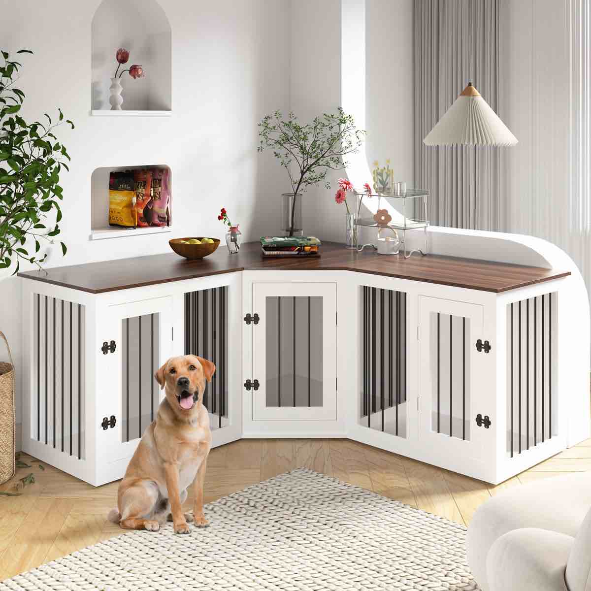 large dog crate furniture for 3 dogs, corner dog crate with lockable doors, wooden dog kennel furniture for small medium dogs (box 1 of 3 only)