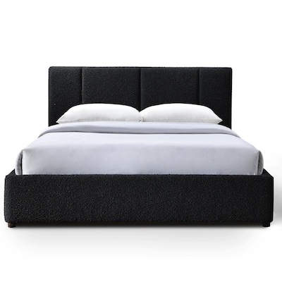 omax decor venice upholstered platform queen bed in black boucle fabric