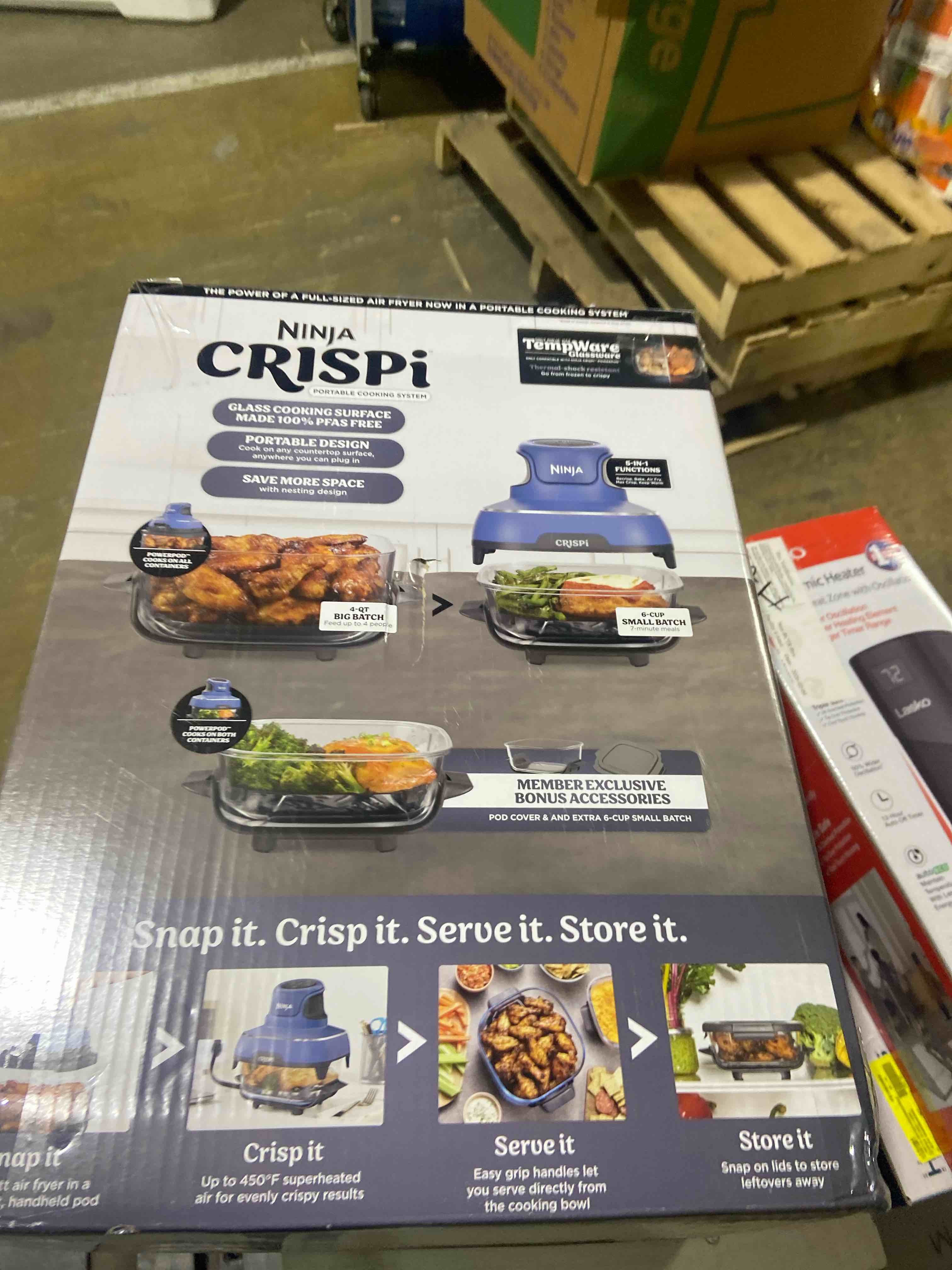 Condition photo showing Good Condition for Ninja Crispi Air Fryer, Microwave, Freezer & Dishwasher Safe, Non Toxic Glass Portable Cooking System, 4 QT & 6 Cup Glass Containers with Storage Lids, Easy Meals, Air Fry, Bake, Blue (Renewed)