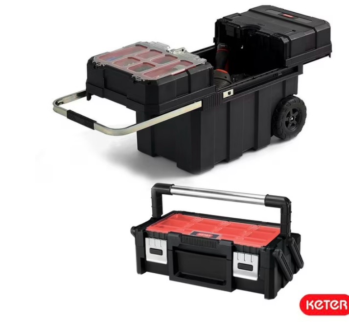 Heavy-Duty Keter Masterloader Rolling ToolBox + 18in Cantilever Organizer / Telescoping Handle