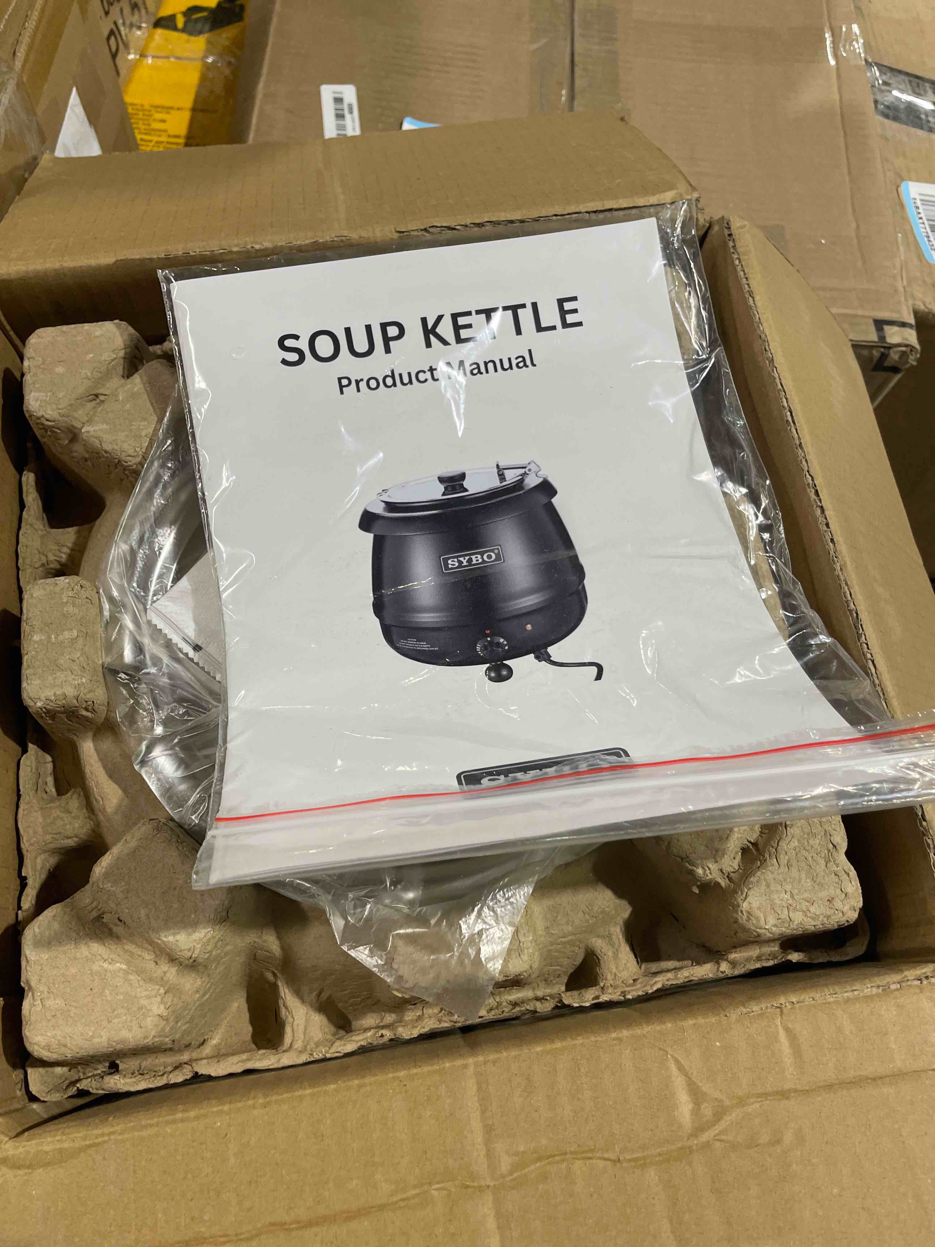 Condition photo showing New/Like New for SYBO SB-6000 Commercial Grade Soup Kettle with Hinged Lid and Detachable Stainless Steel Insert Pot for Restaurant and Big Family, 10.5 Quarts, Black