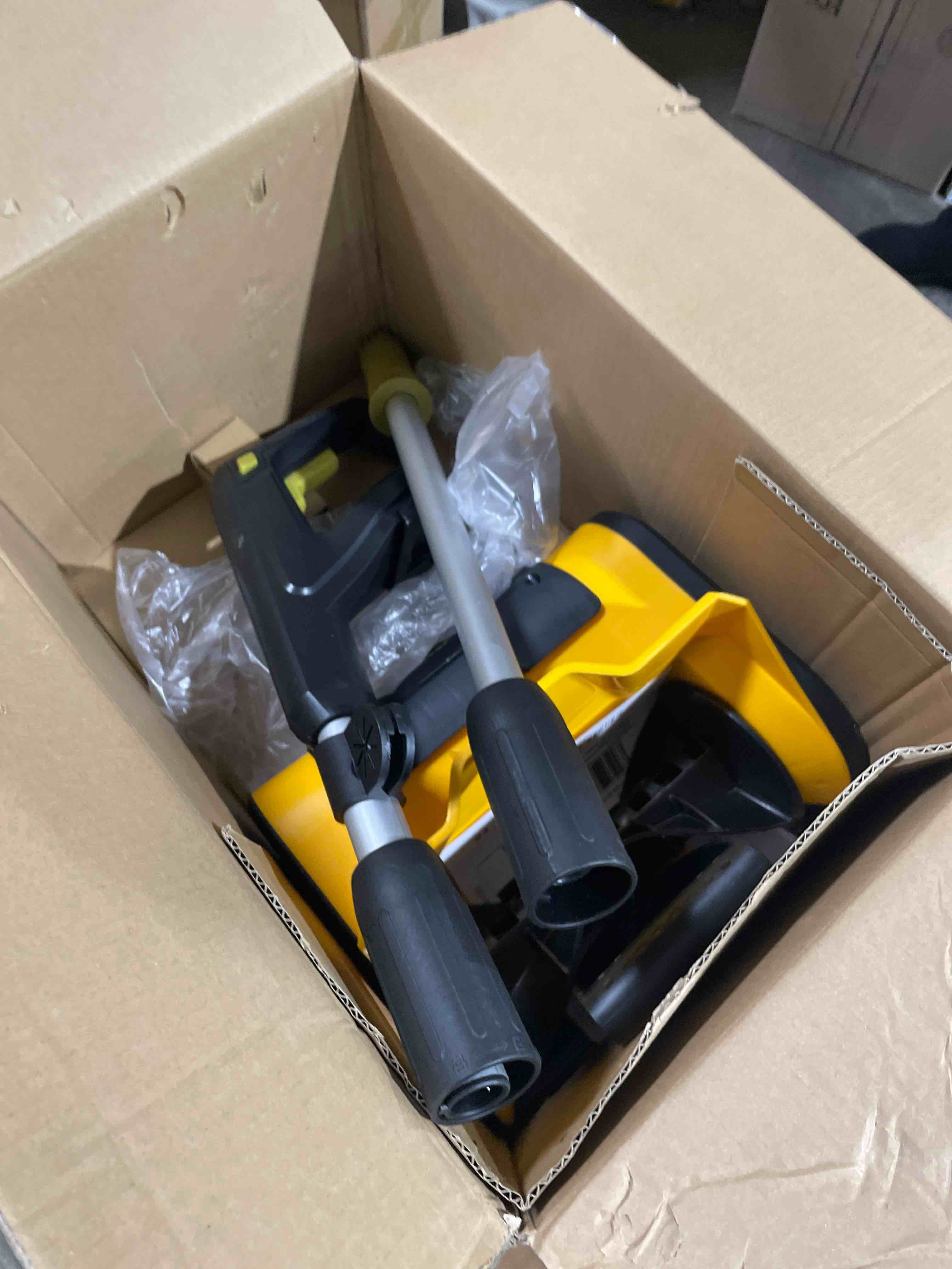 Condition photo showing As Is for DEVONIC Cordless Snow Shovel,21 Volt 13 Inch 4-Ah Snow Thrower,Snow Blower with Adjustable Front Handle&Telescopic Pole and 2 Batteries.Width 6". Depth,12",16.8FT Throw Distance