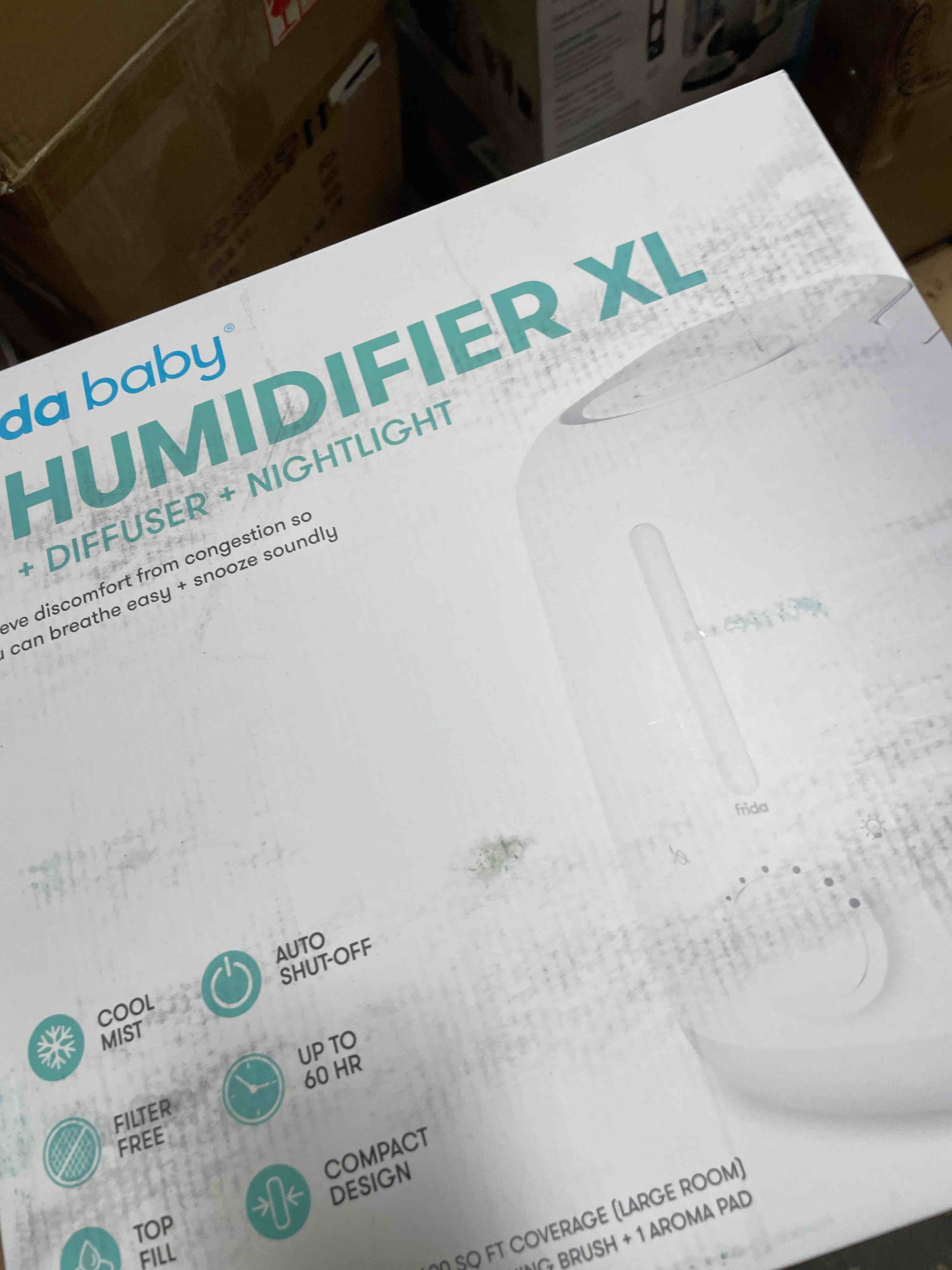 Condition photo showing New/Like New for Frida Baby 3-in-1 XL Top Fill Humidifier for Bedroom, Cold & Flu Relief, 6L Tank Cool Mist Humidifier + Diffuser for Large Rooms, Mold Resistant, Nightlight, Auto-Off, Quiet, Essential Oil Diffuser 1.6 Gallon Tank