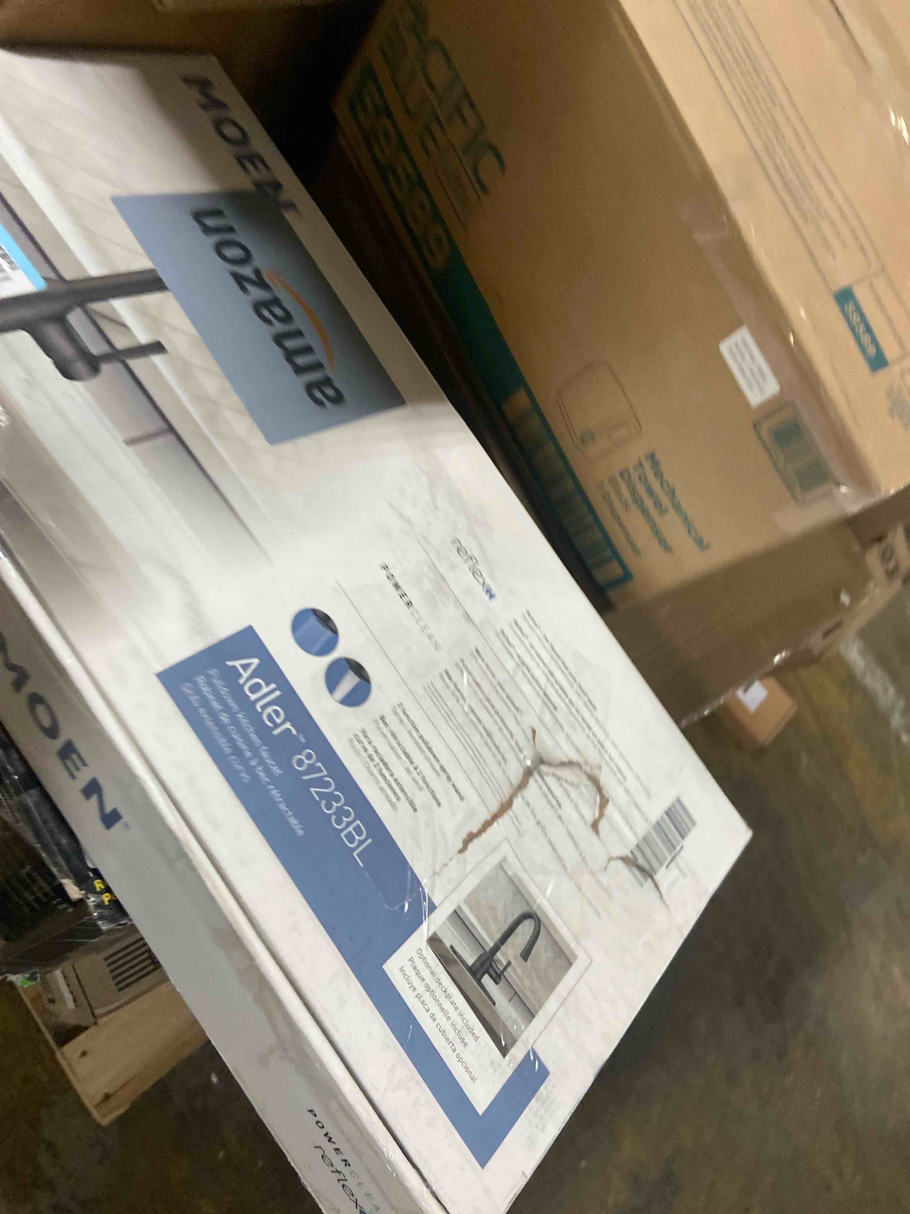 Condition photo showing As Is for Moen Adler Matte Black One-Handle High Arc Kitchen Sink Faucet with Power Clean, Modern Kitchen Faucet with Pull Down Sprayer, 87233BL Matte Black Standard